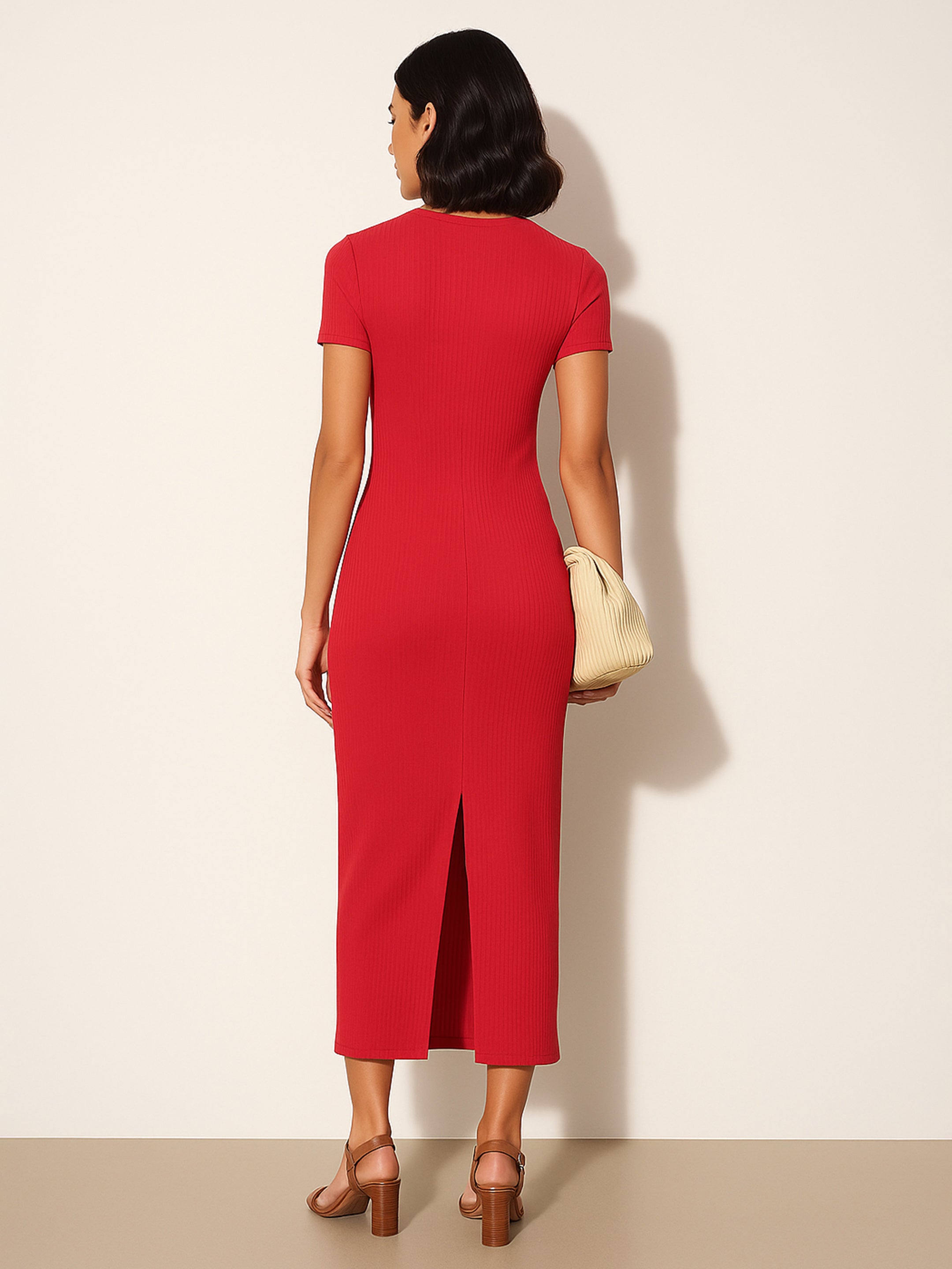 Women's Red Rib Bodycon Back Slit Maxi Dress