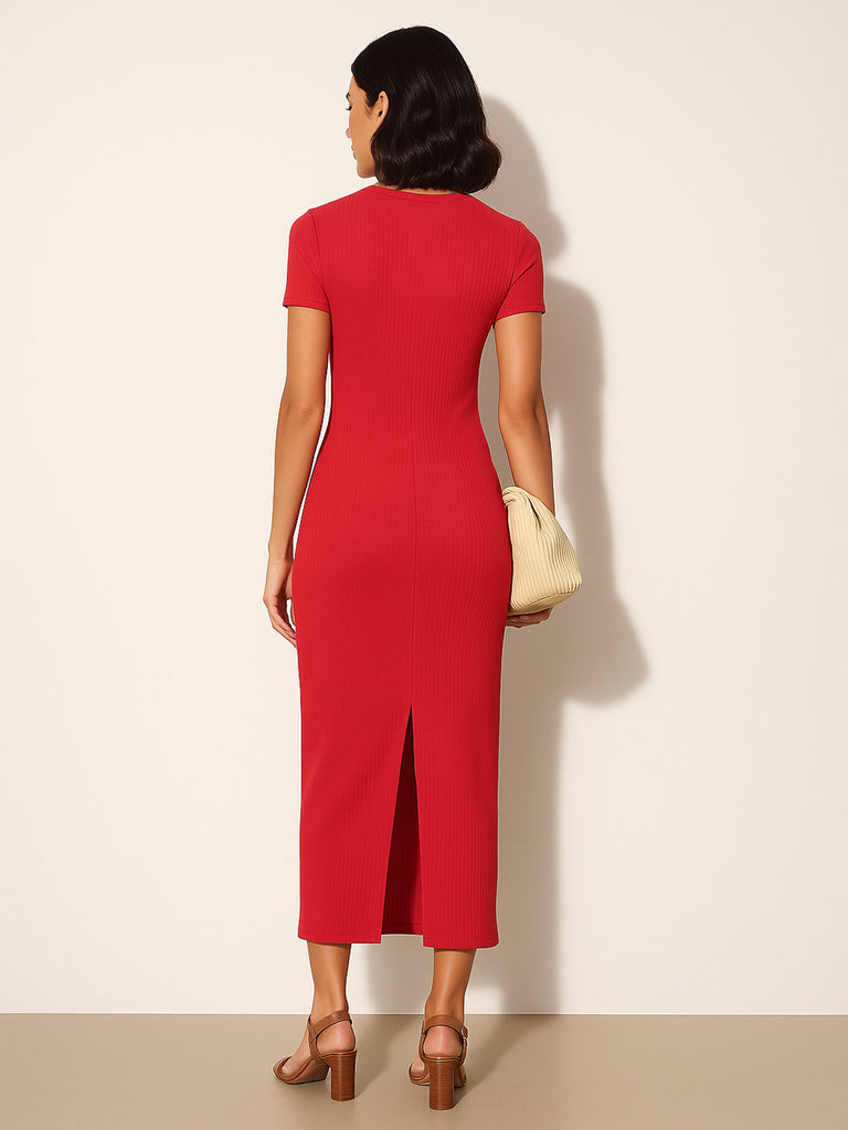 Women's Red Rib Bodycon Back Slit Maxi Dress