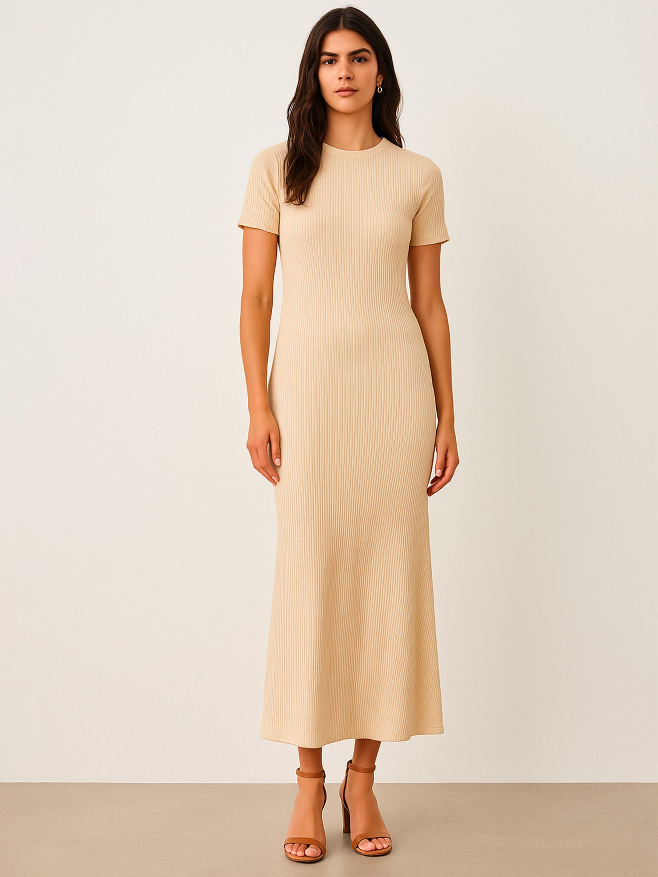 Women's Beige Rib Bodycon Back Slit Maxi Dress