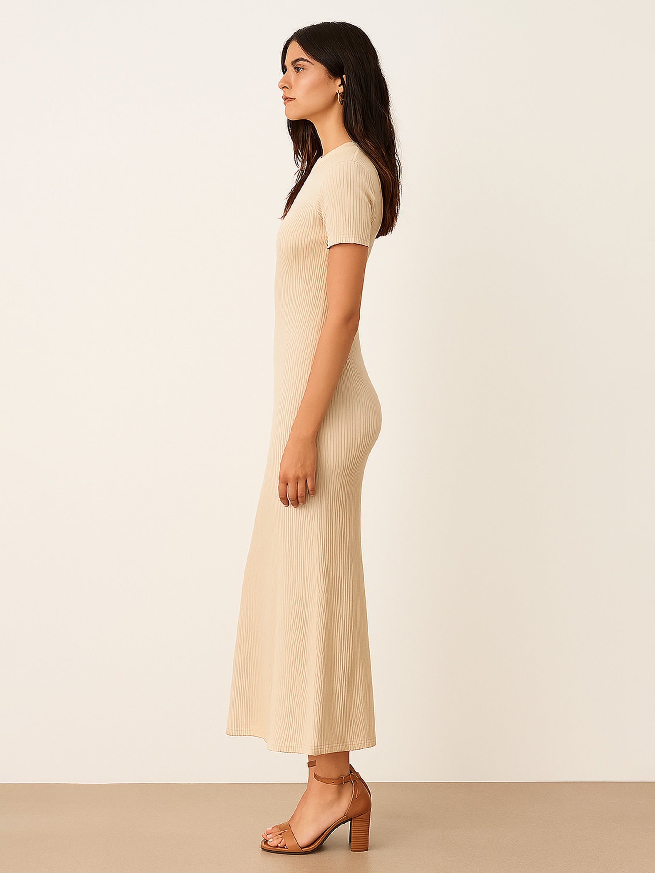 Women's Beige Rib Bodycon Back Slit Maxi Dress