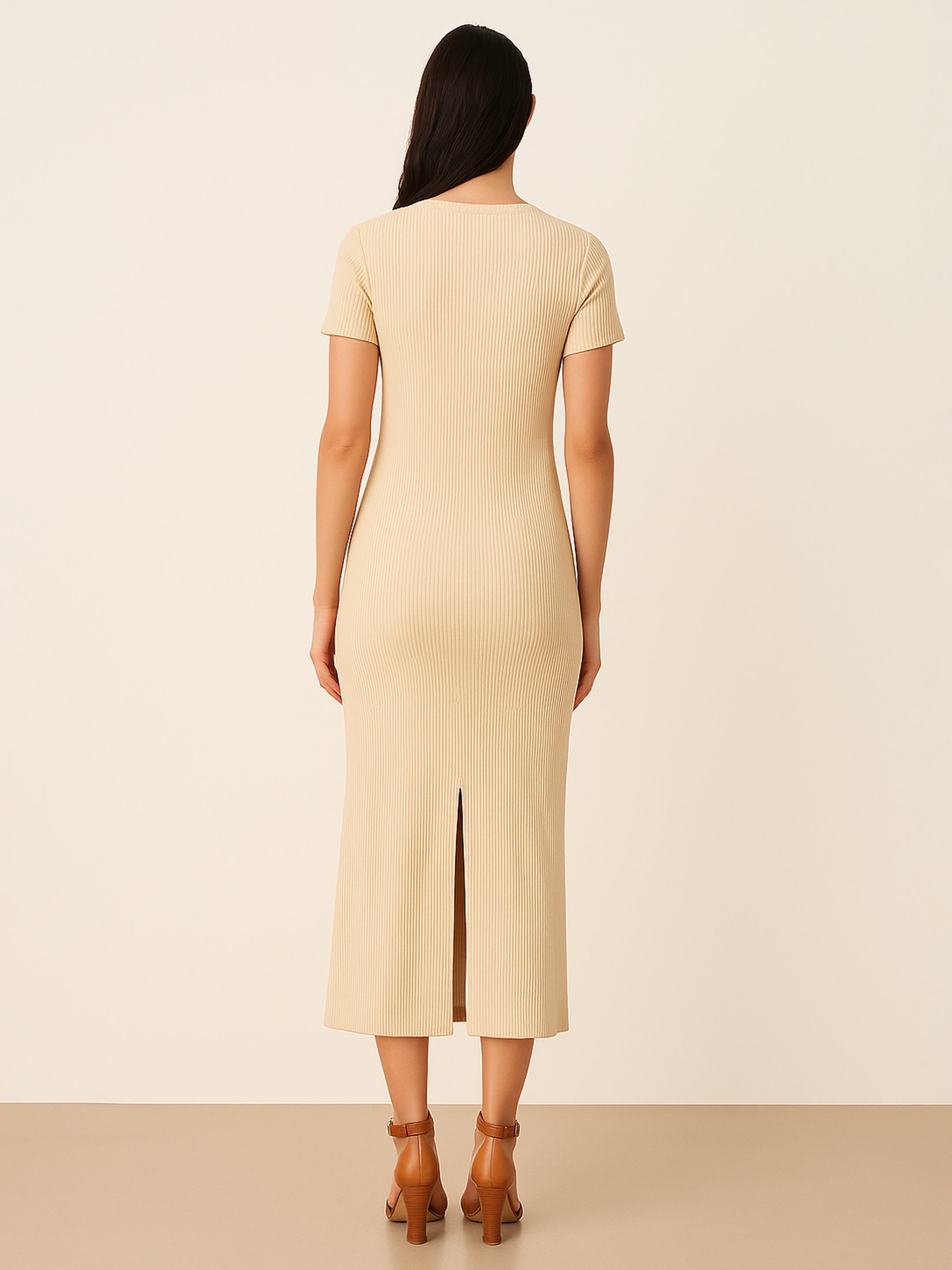 Women's Beige Rib Bodycon Back Slit Maxi Dress