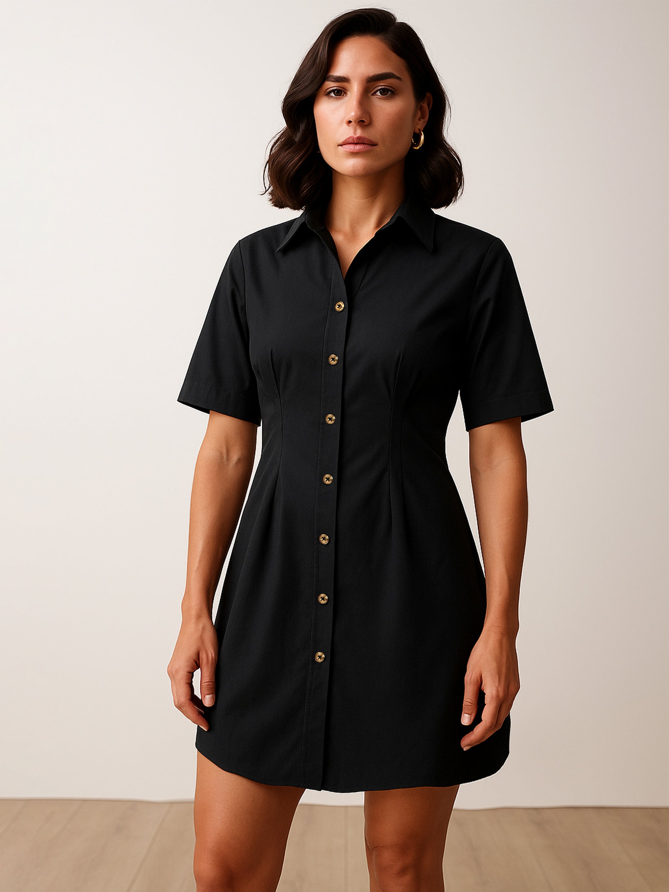 Women's Black Smocked Pure Cotton Shirt Mini Dress