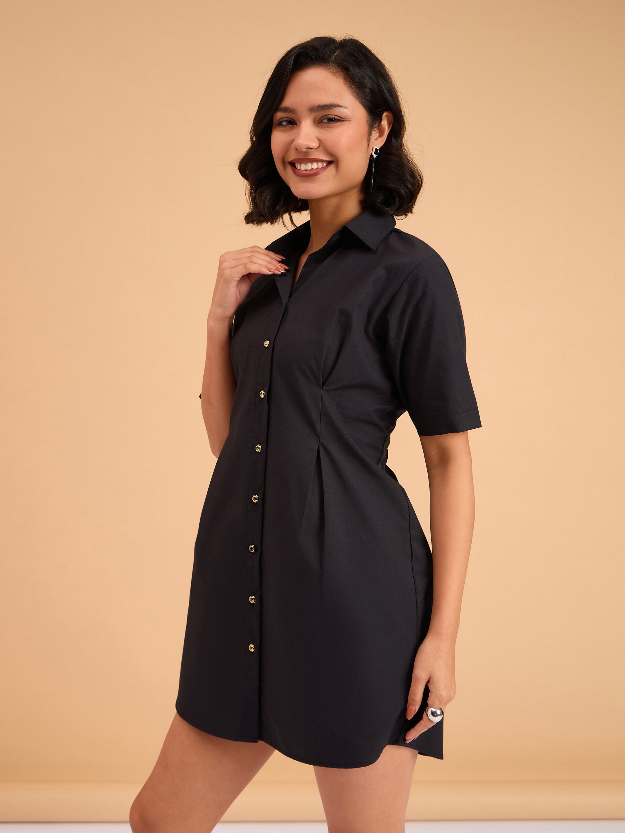 Women's Black Smocked Pure Cotton Shirt Mini Dress