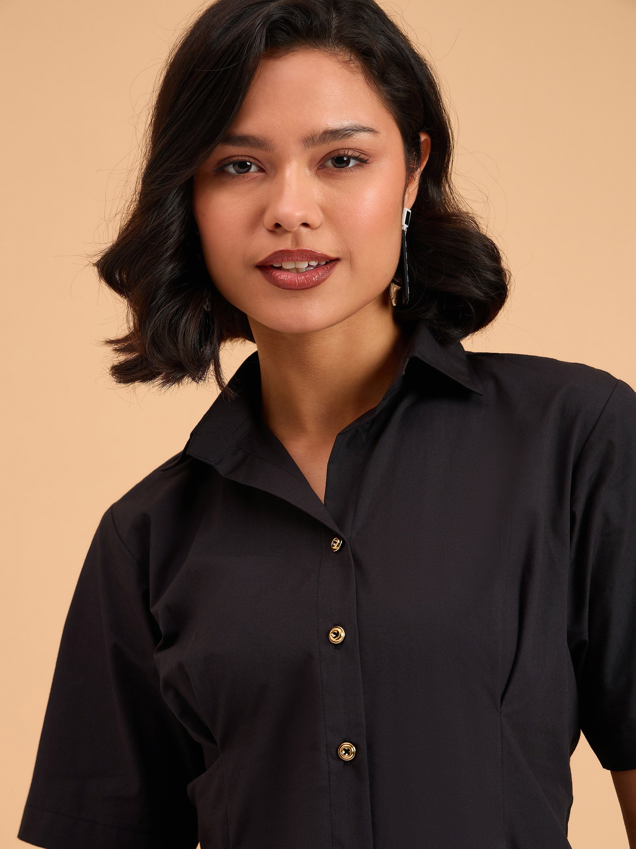 Women's Black Smocked Pure Cotton Shirt Mini Dress