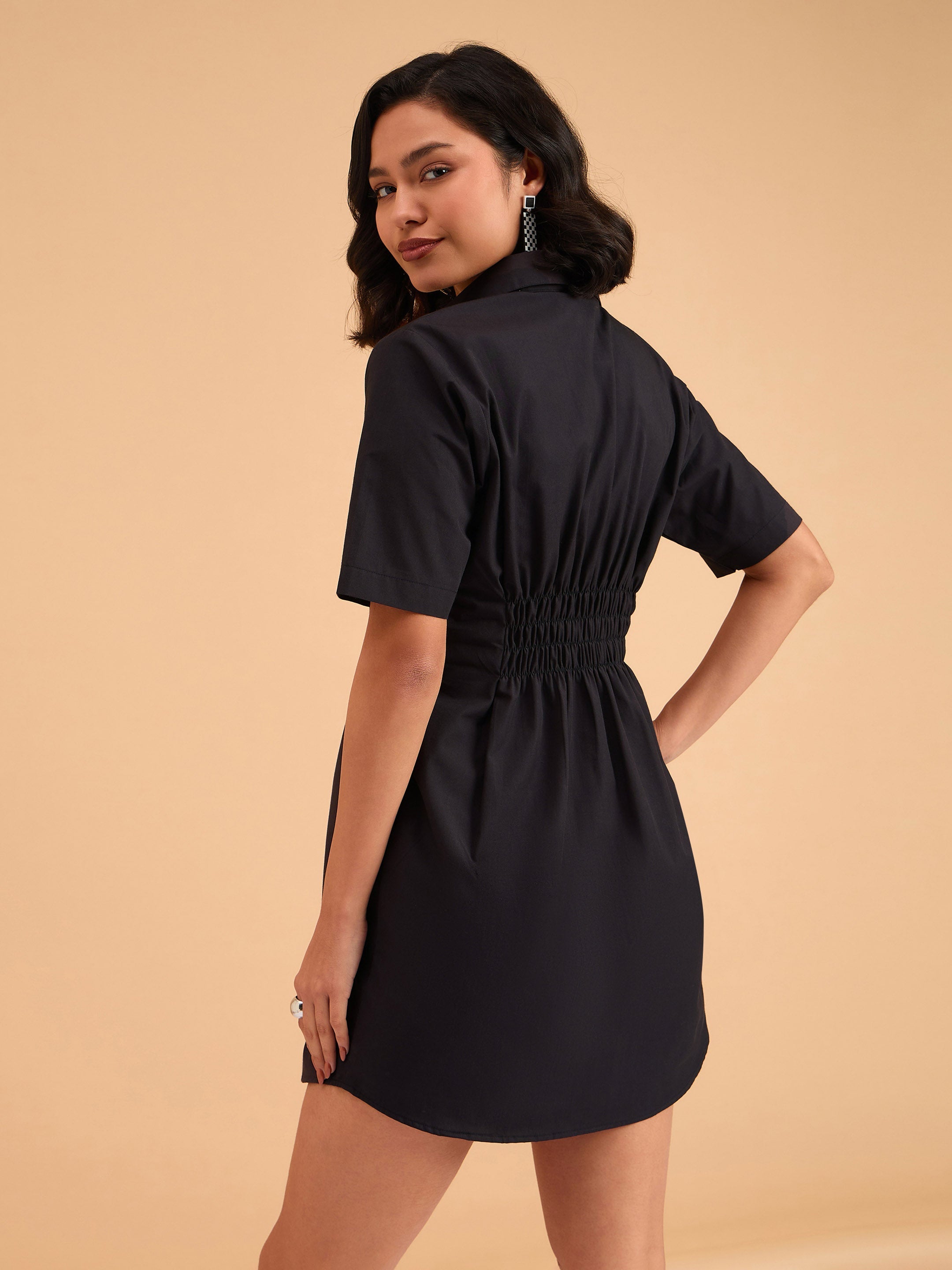 Women's Black Smocked Pure Cotton Shirt Mini Dress