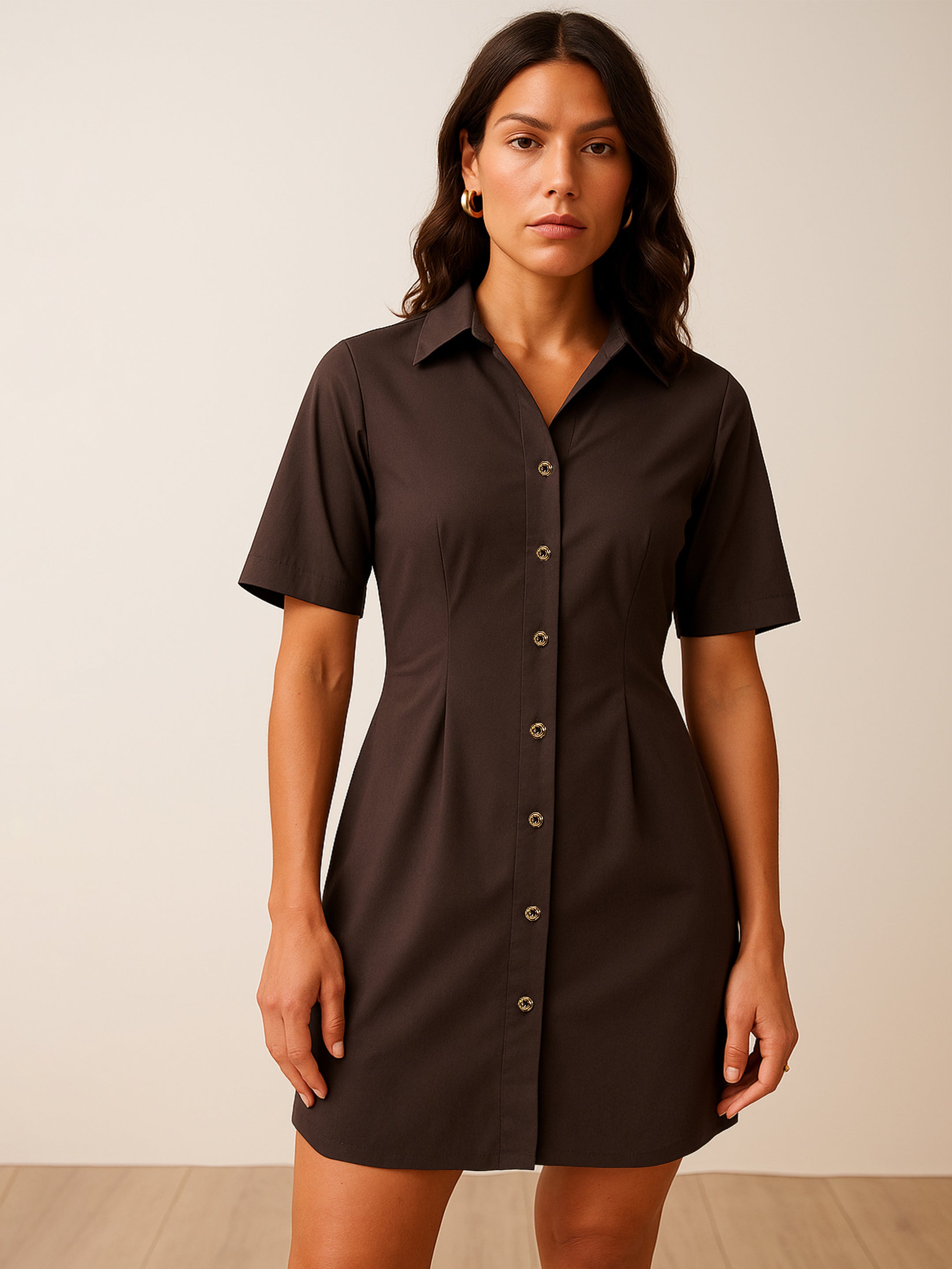 Women's Brown Smocked Pure Cotton Shirt Mini Dress