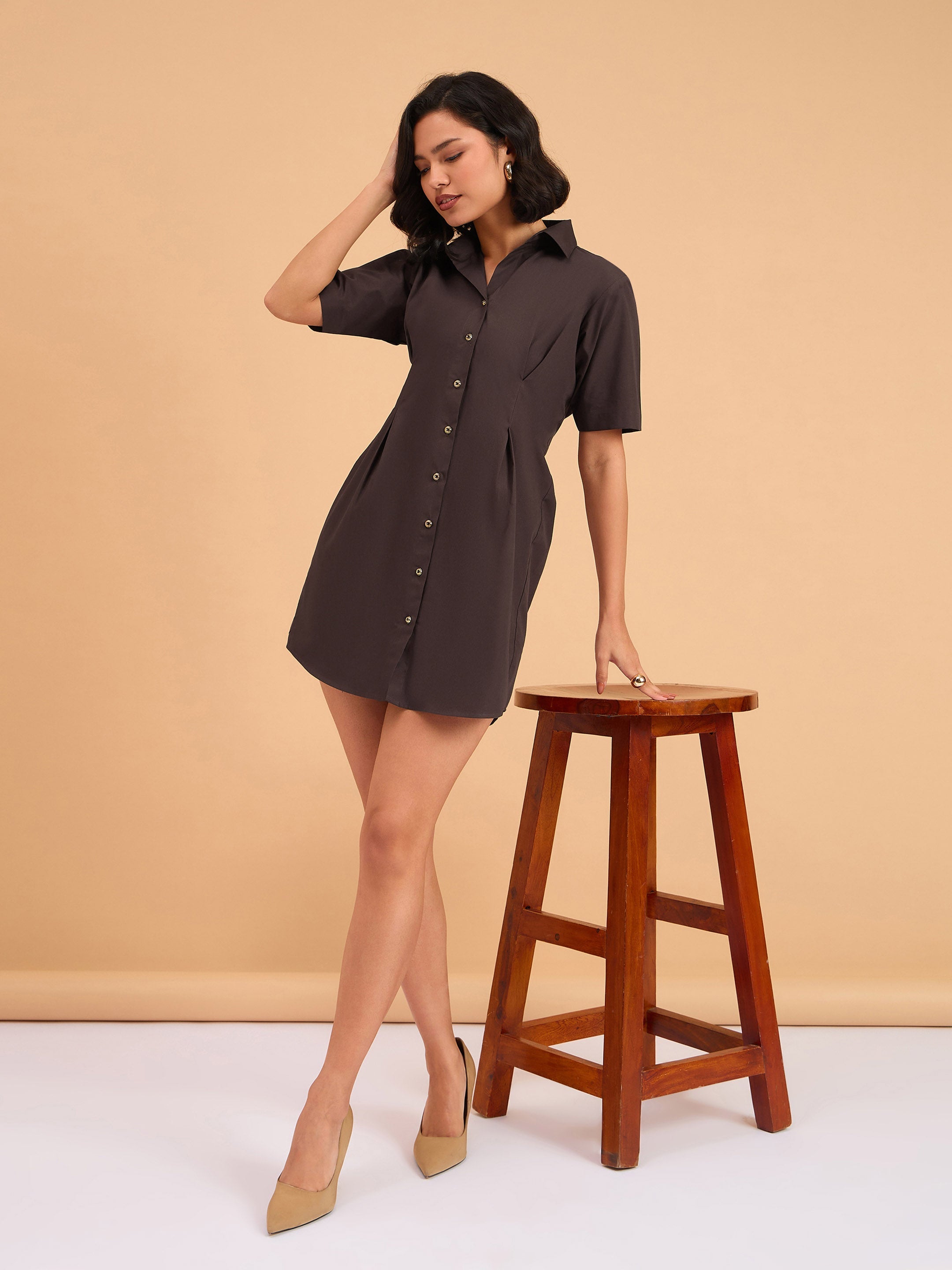 Women's Brown Smocked Pure Cotton Shirt Mini Dress