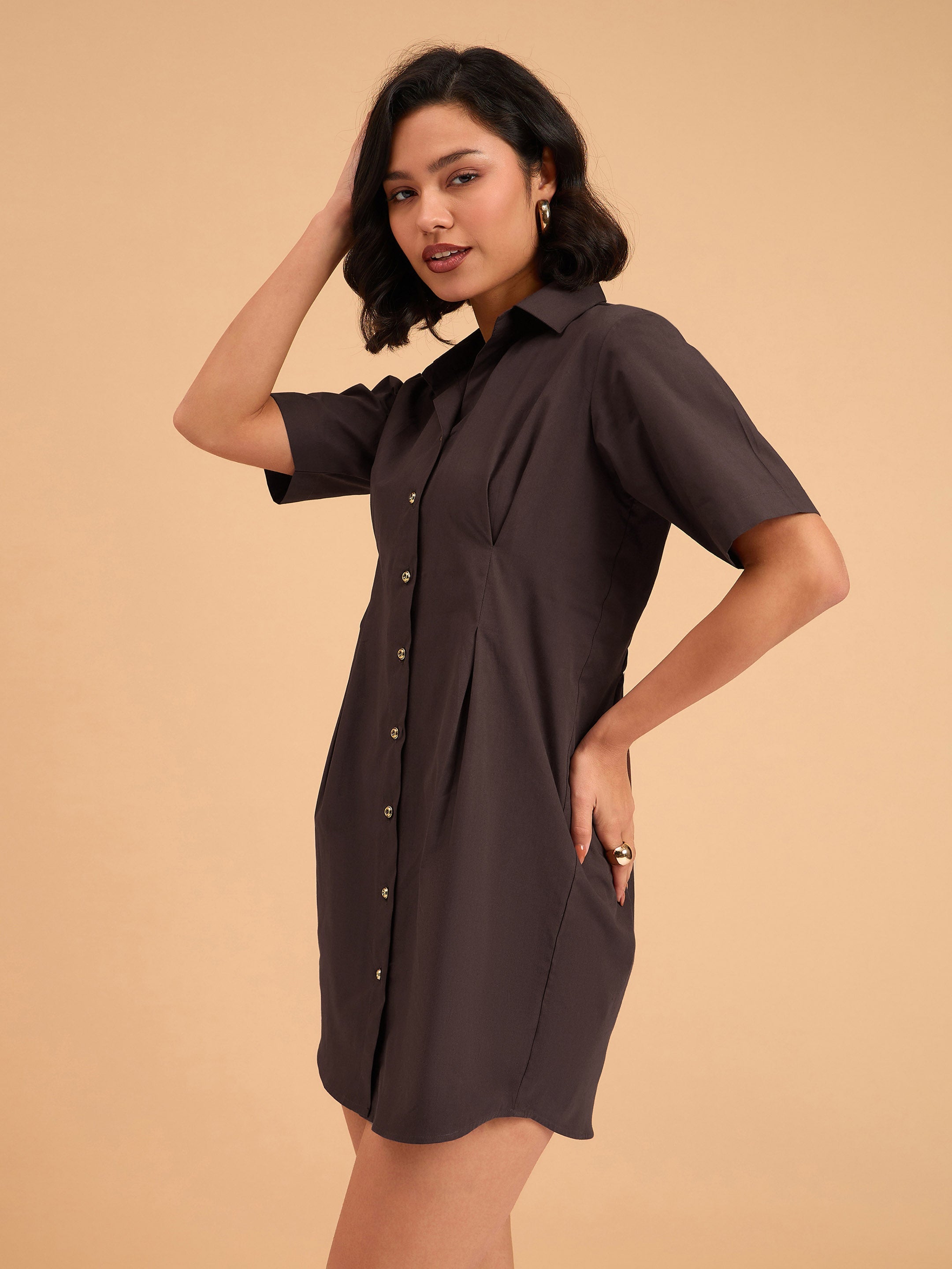 Women's Brown Smocked Pure Cotton Shirt Mini Dress