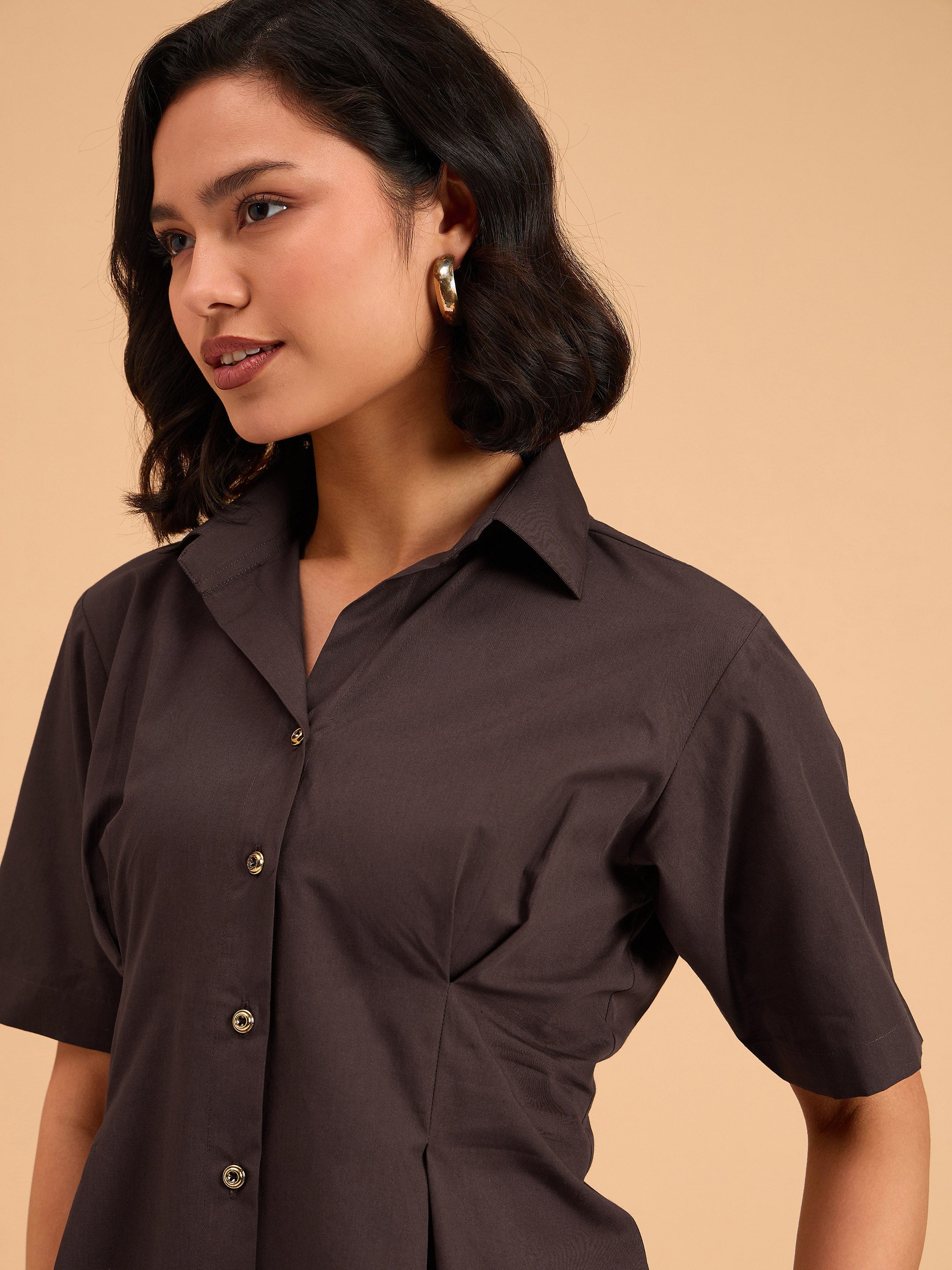 Women's Brown Smocked Pure Cotton Shirt Mini Dress