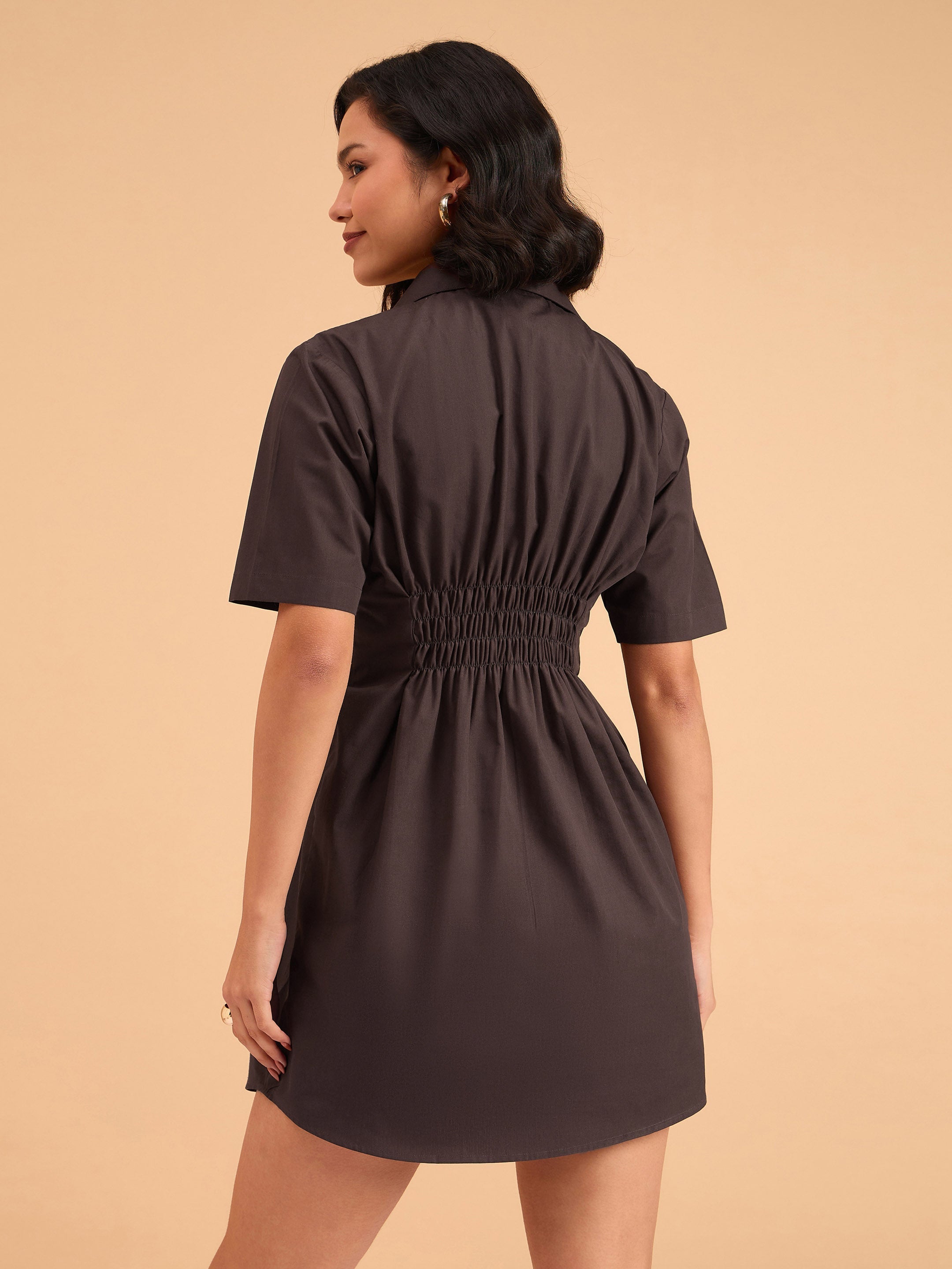 Women's Brown Smocked Pure Cotton Shirt Mini Dress
