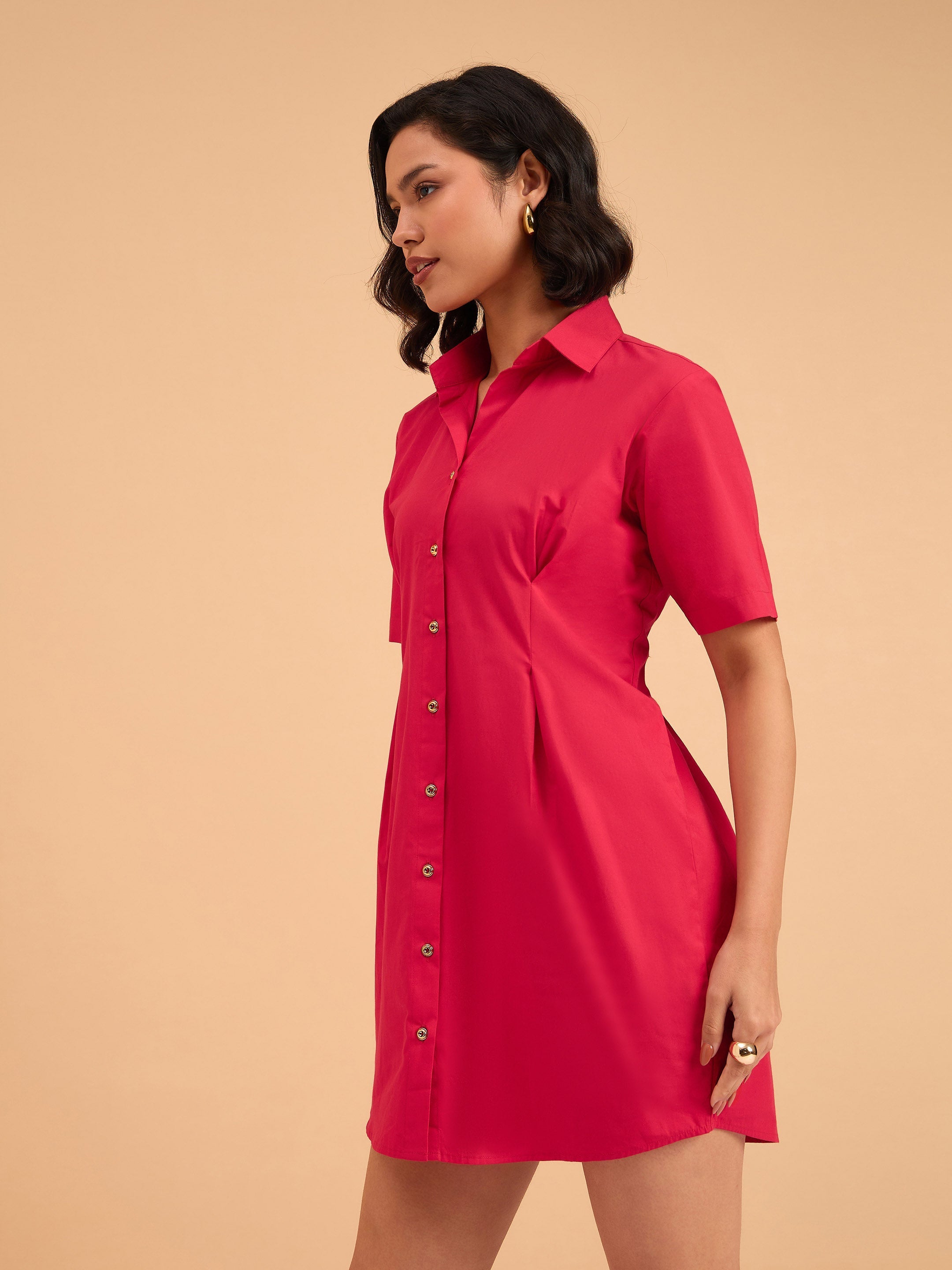 Women's Red Smocked Pure Cotton Shirt Mini Dress