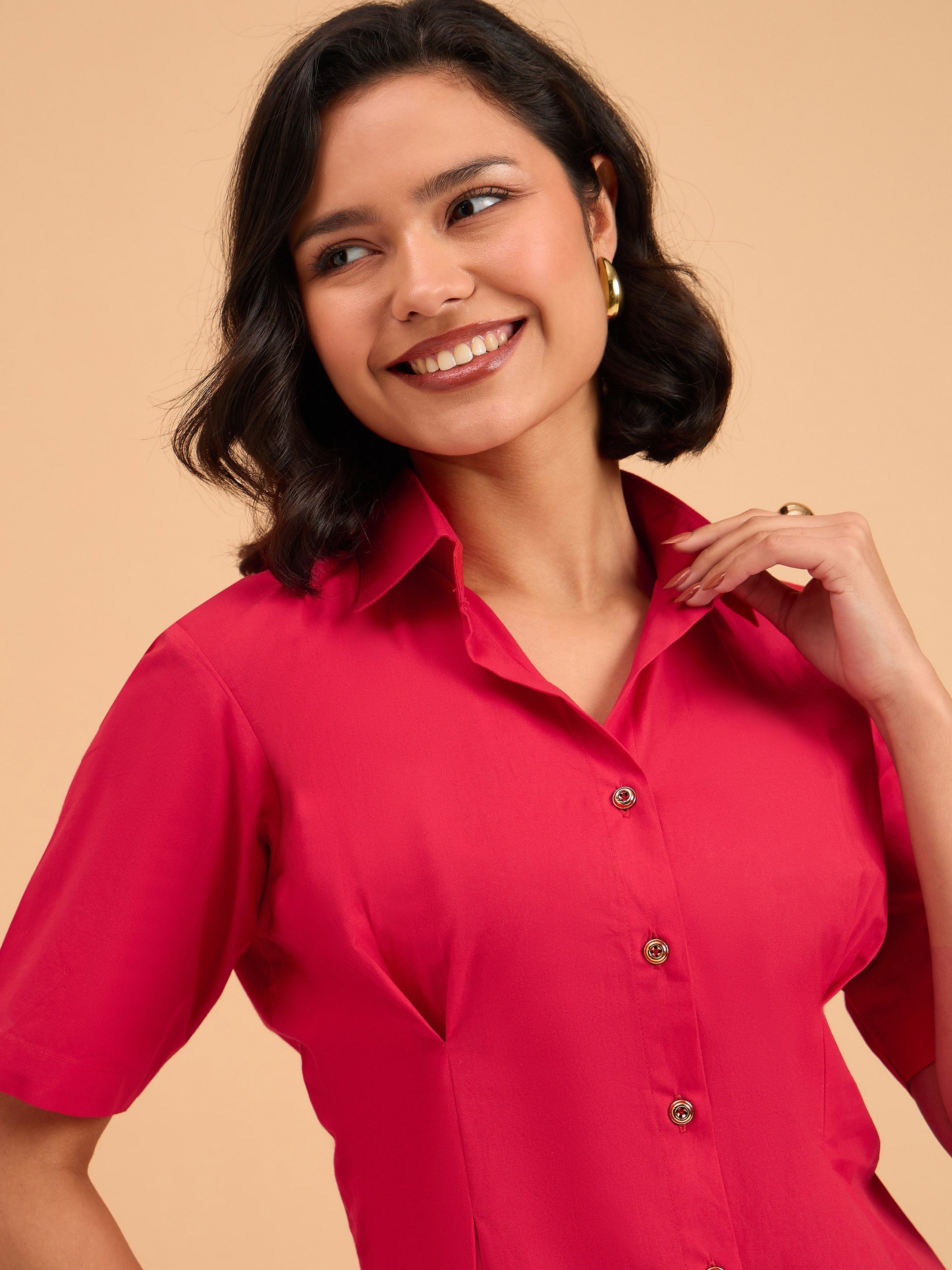 Women's Red Smocked Pure Cotton Shirt Mini Dress