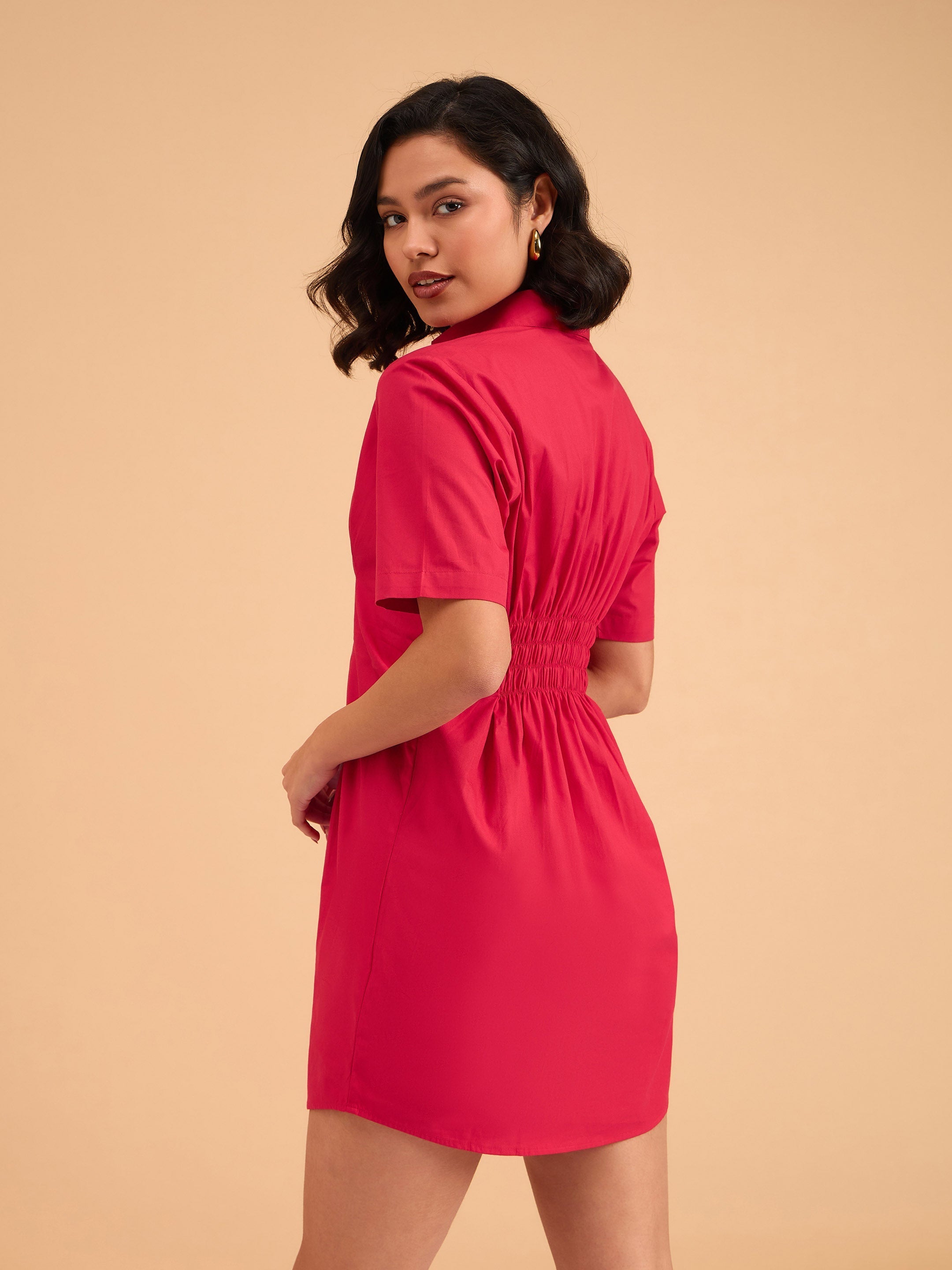 Women's Red Smocked Pure Cotton Shirt Mini Dress