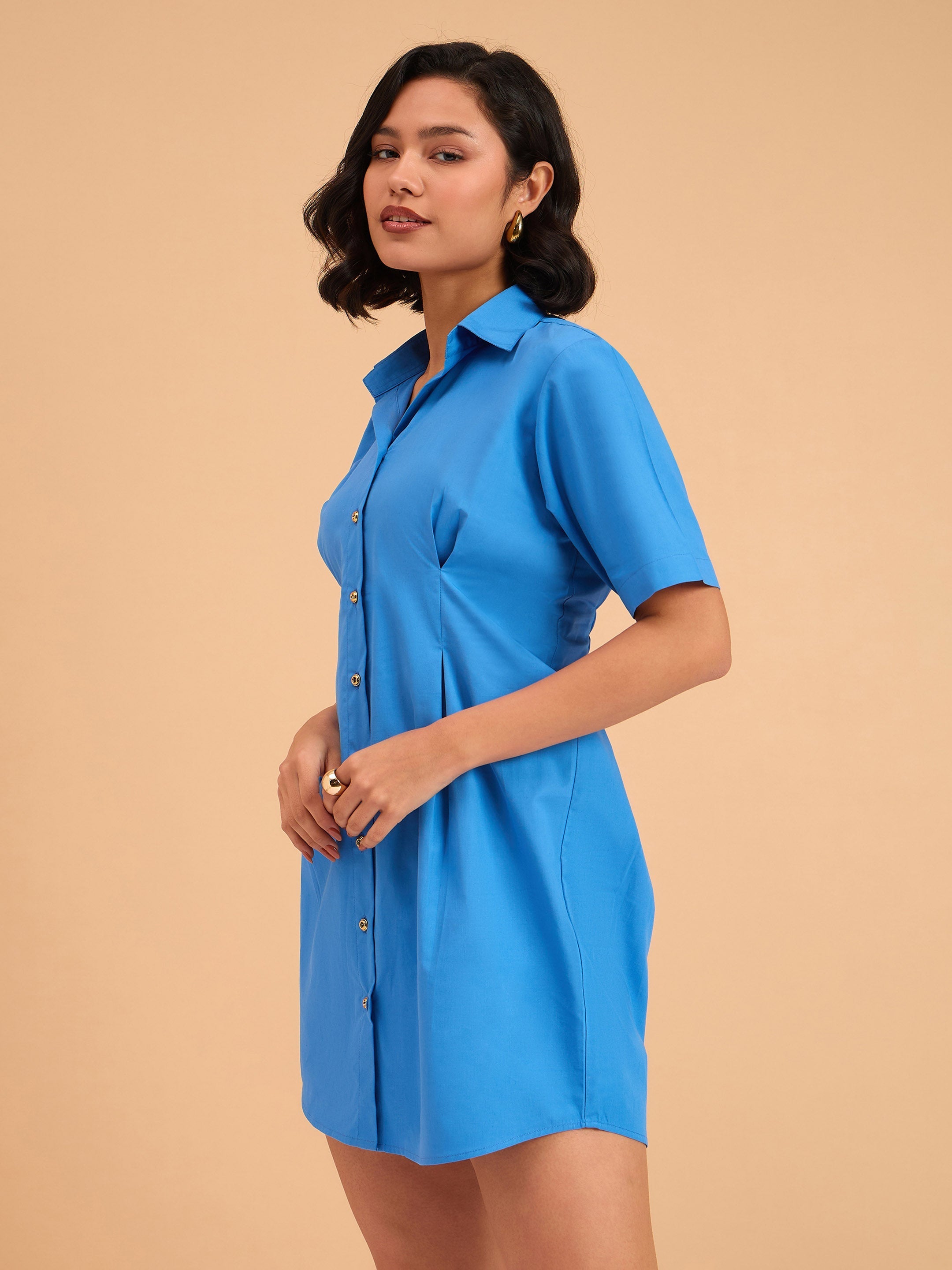 Women's Royal Smocked Pure Cotton Shirt Mini Dress