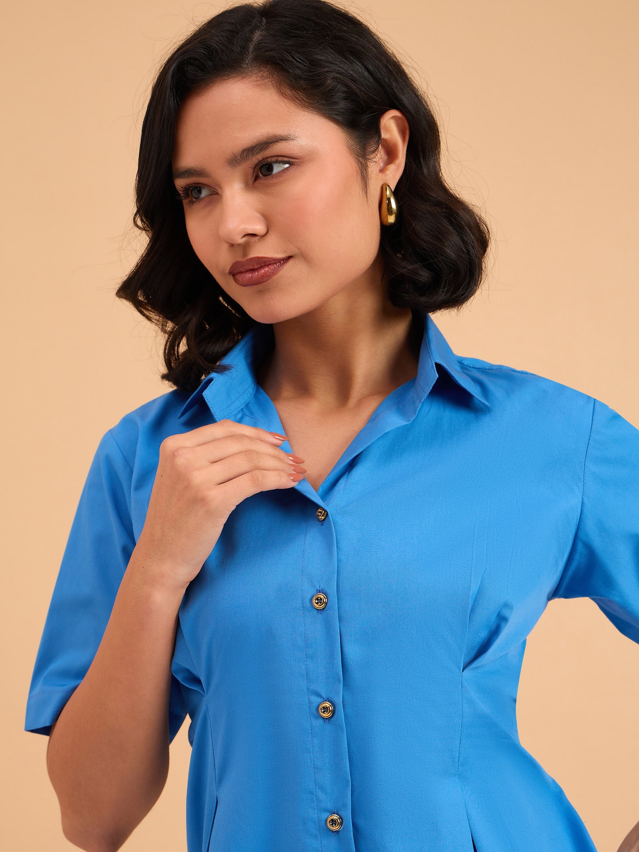 Women's Royal Smocked Pure Cotton Shirt Mini Dress