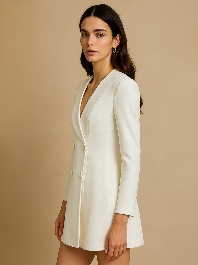 Women's White Double Breasted Short Dress