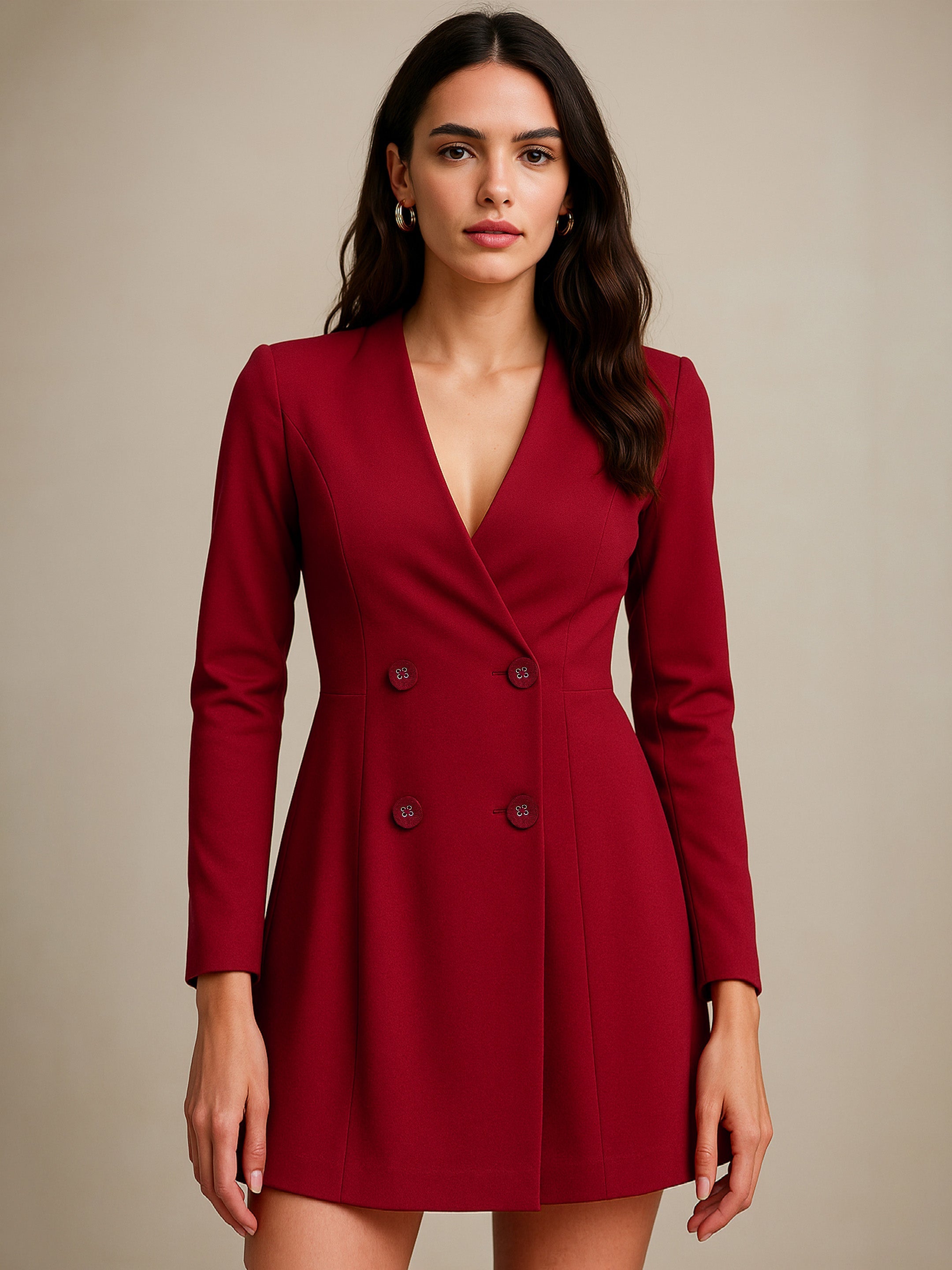 Women's Maroon Double Breasted Short Dress