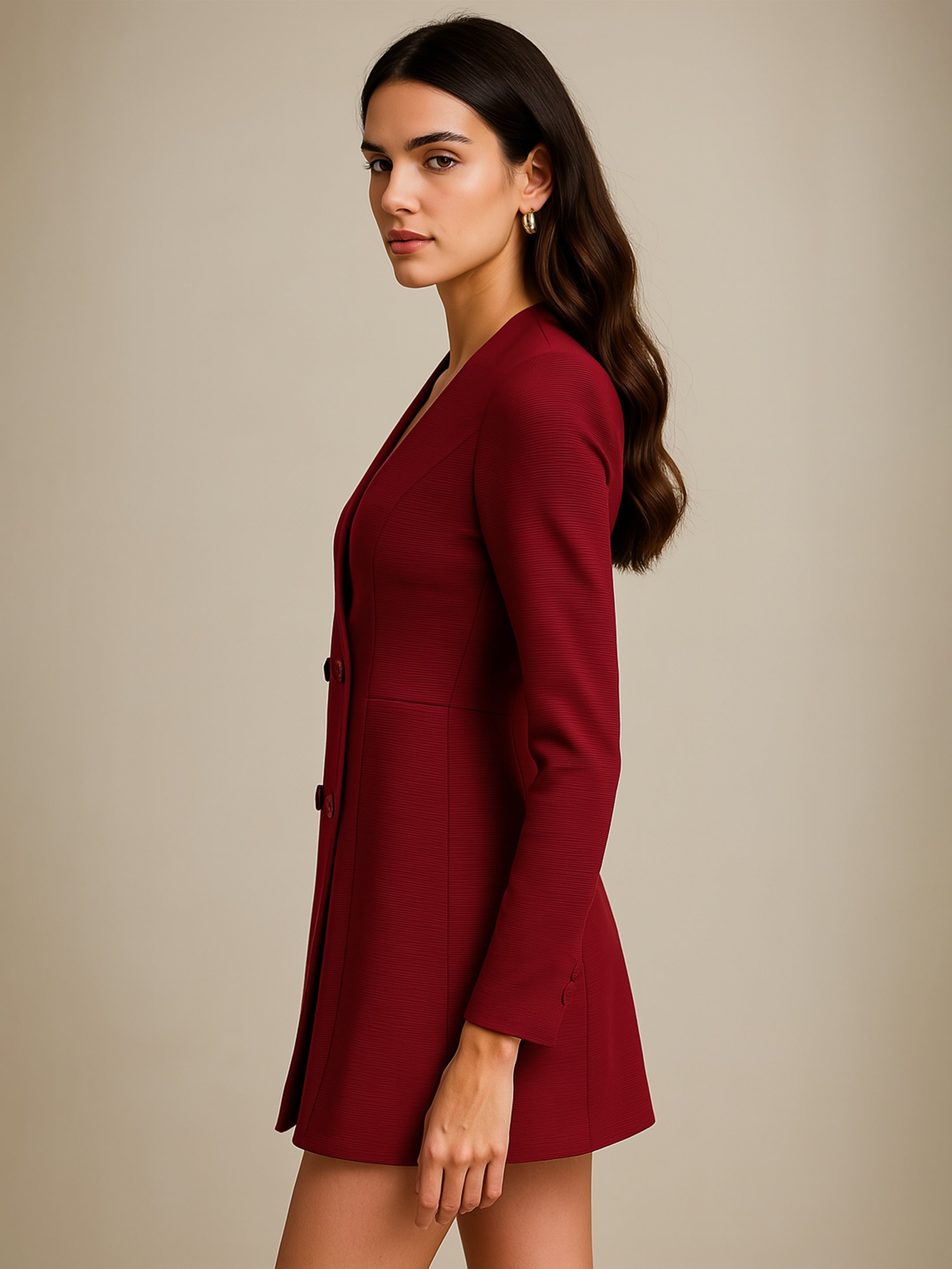 Women's Maroon Double Breasted Short Dress