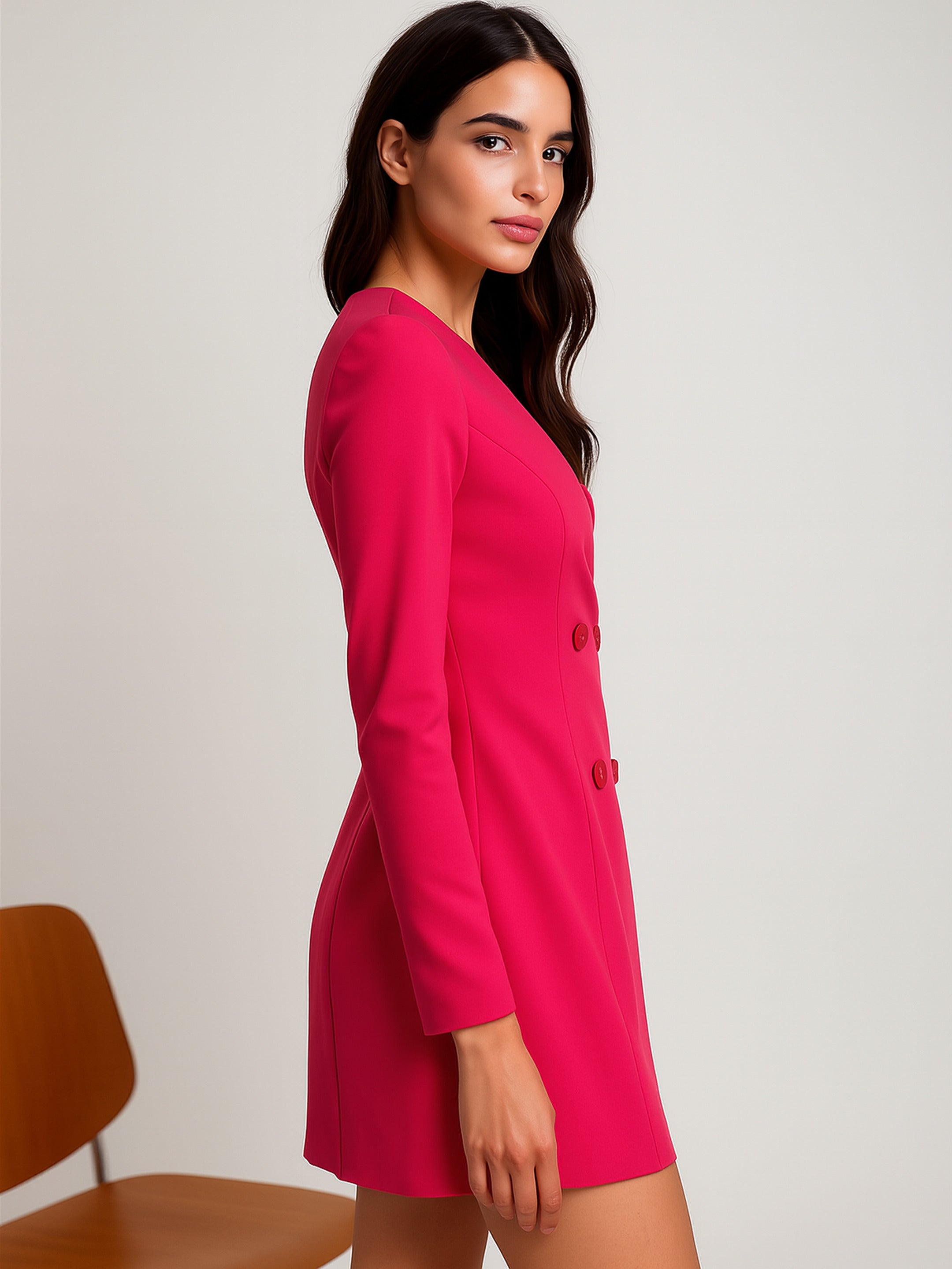 Women's Fuchsia Double Breasted Short Dress