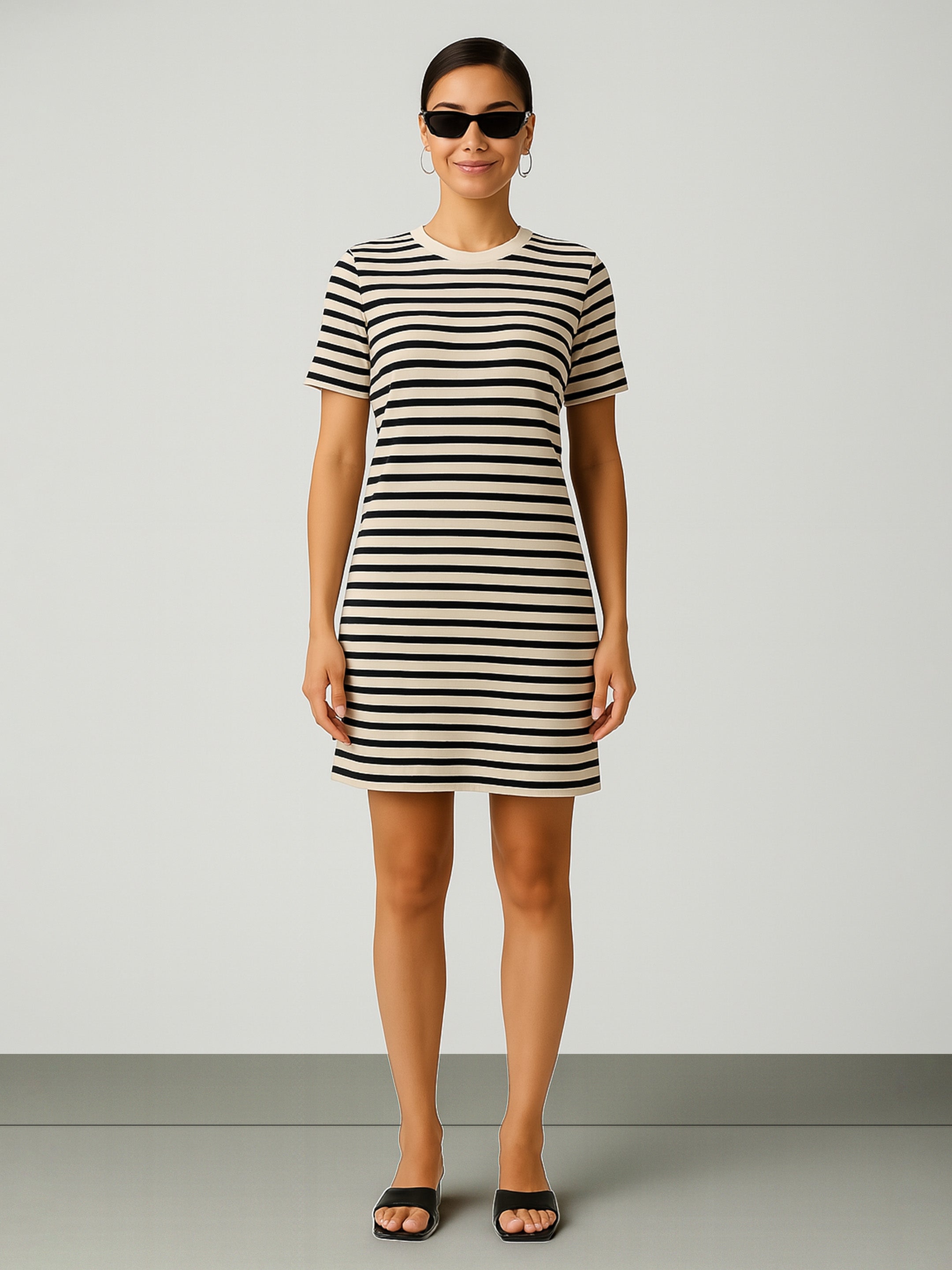 Women's Black & Beige Stripe Short T-shirt Dress