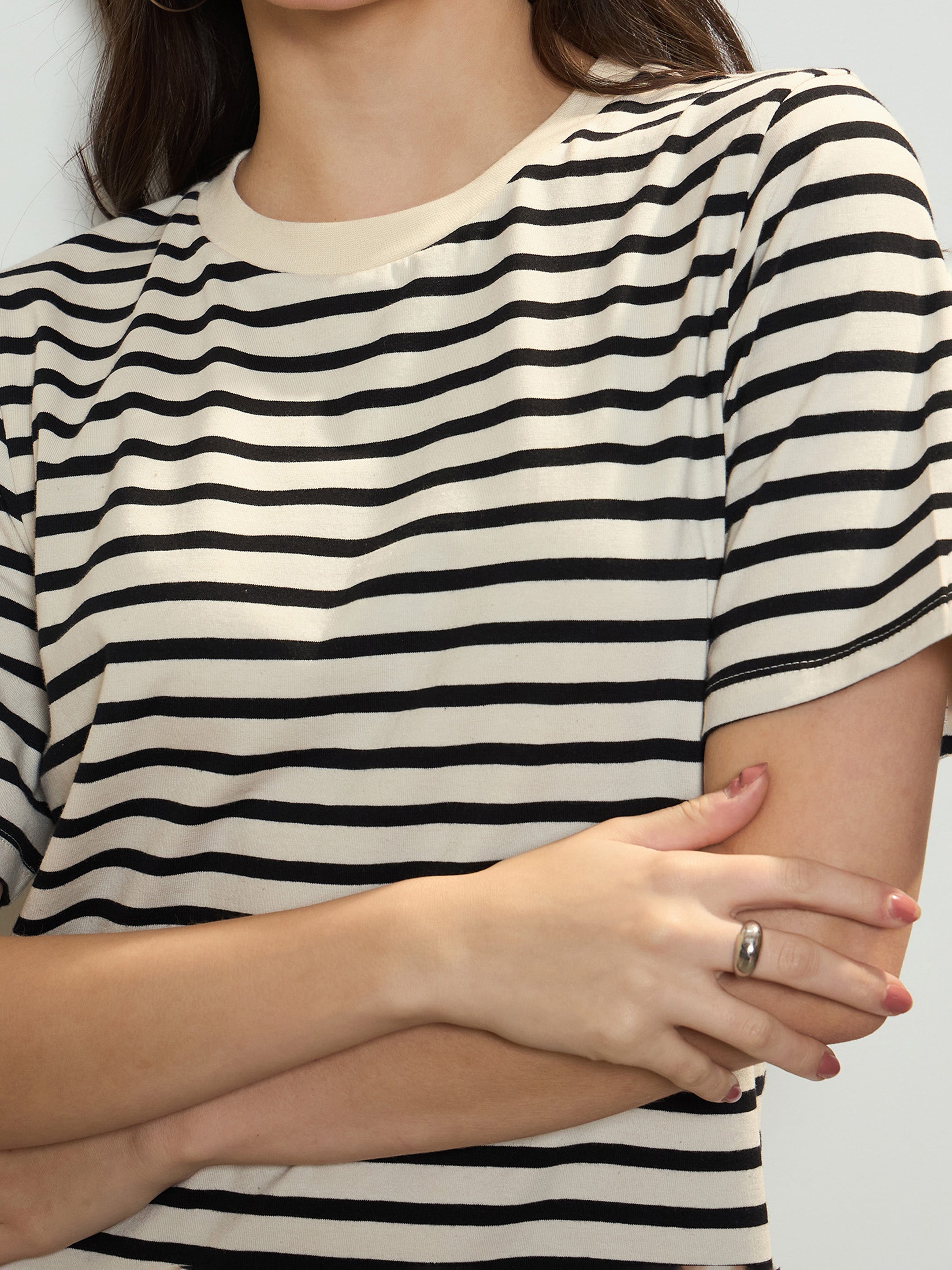 Women's Black & Beige Stripe Short T-shirt Dress