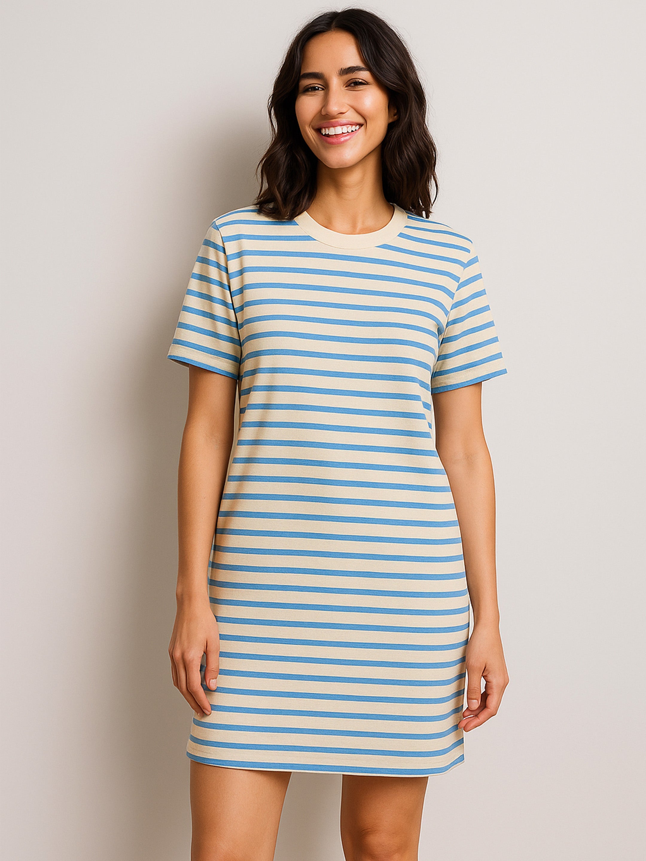 Women's Blue & Beige Stripe Short T-shirt Dress