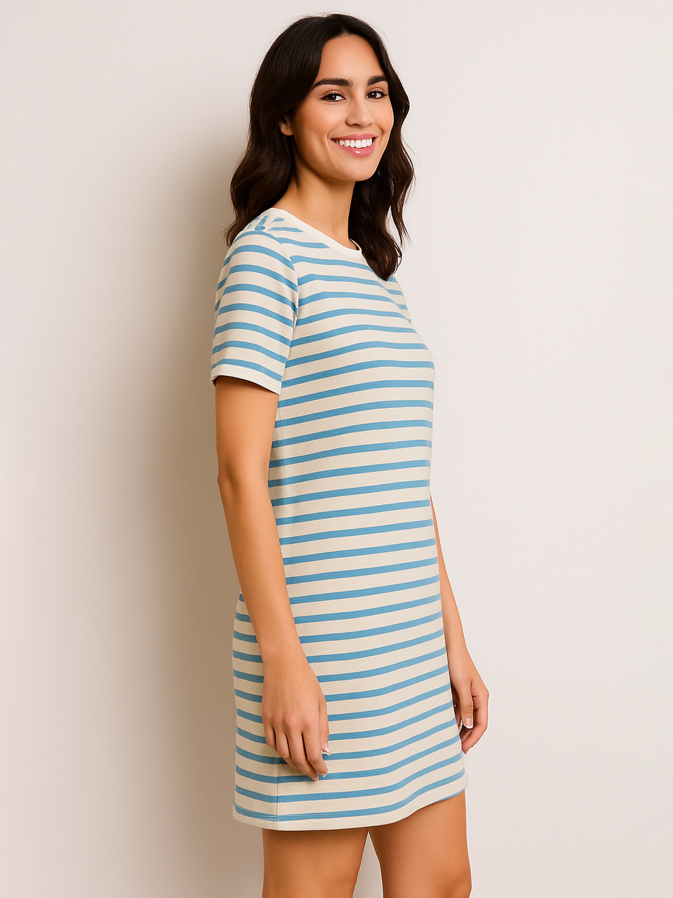Women's Blue & Beige Stripe Short T-shirt Dress