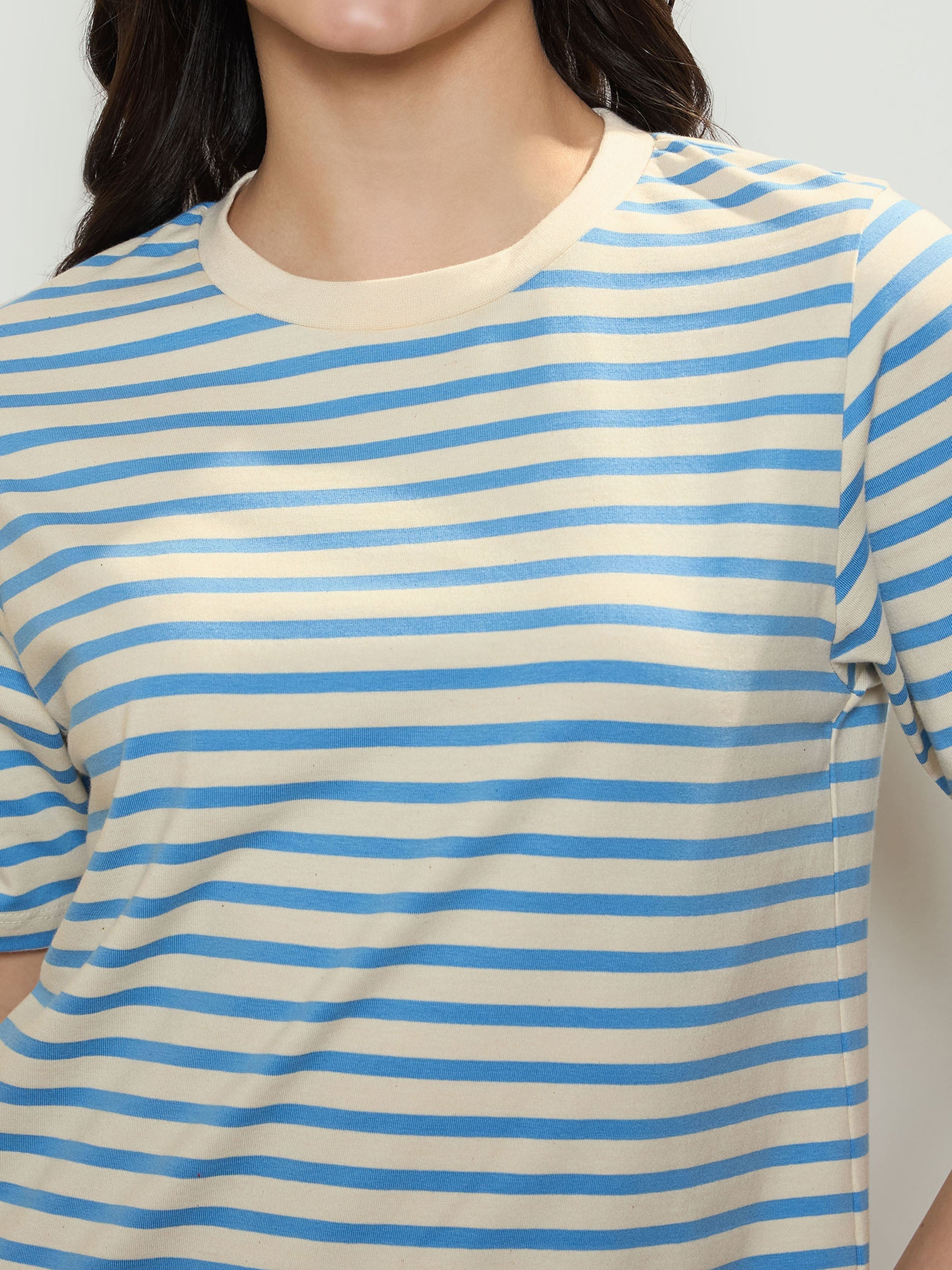 Women's Blue & Beige Stripe Short T-shirt Dress