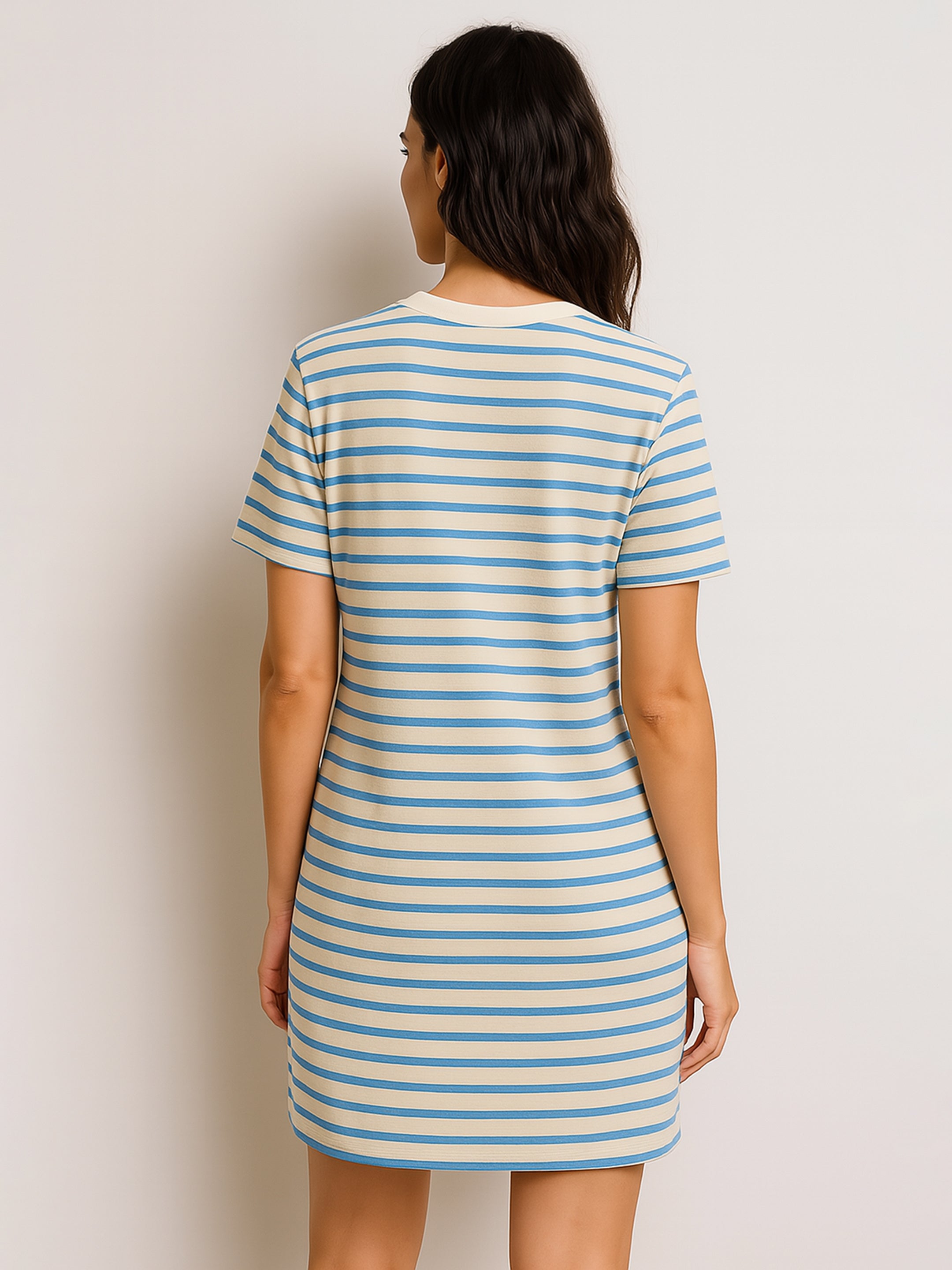 Women's Blue & Beige Stripe Short T-shirt Dress