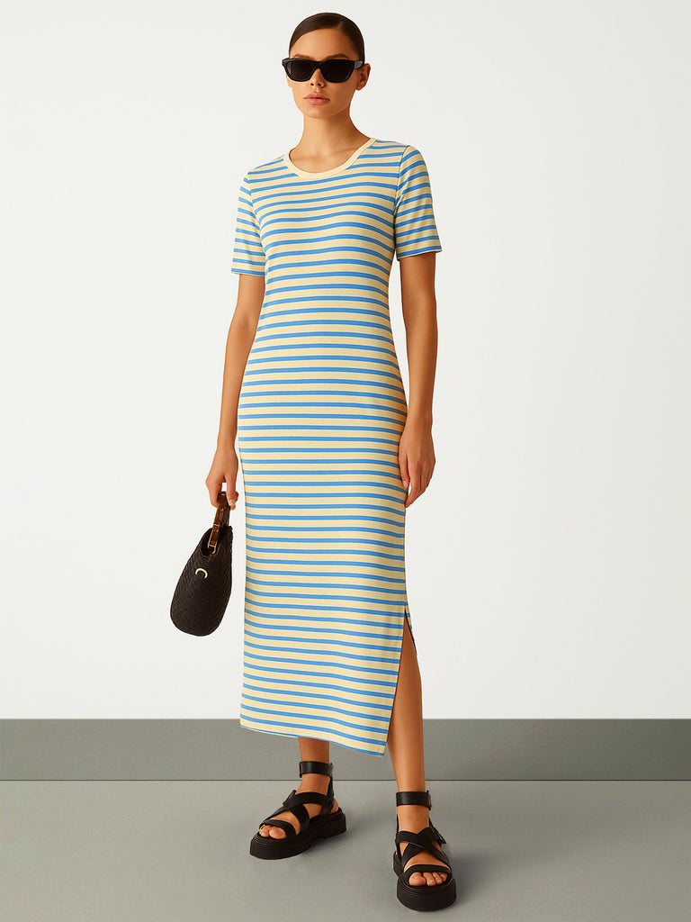 Women's Blue & Beige Stripe T-shirt Maxi Dress
