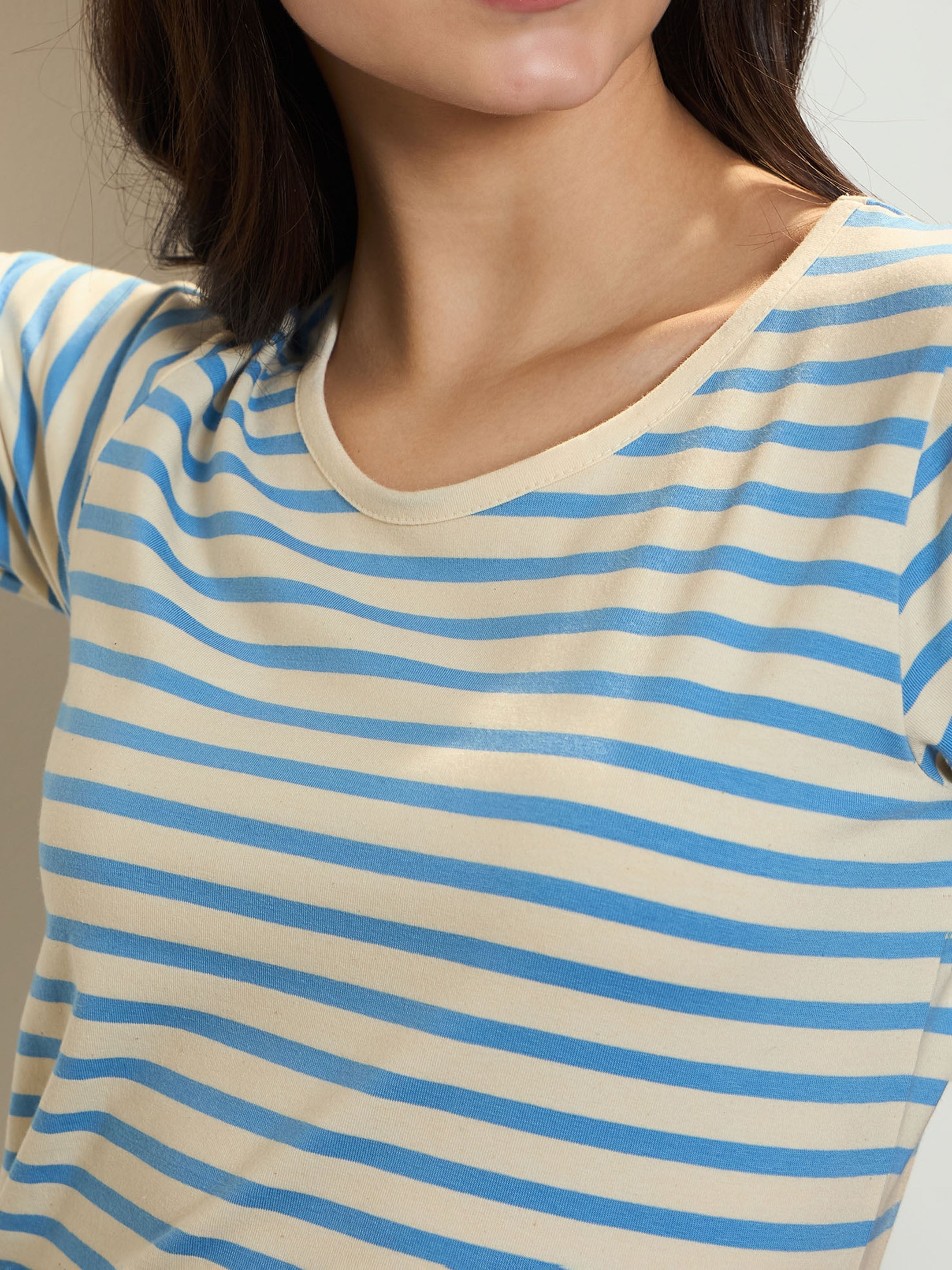 Women's Blue & Beige Stripe T-shirt Maxi Dress