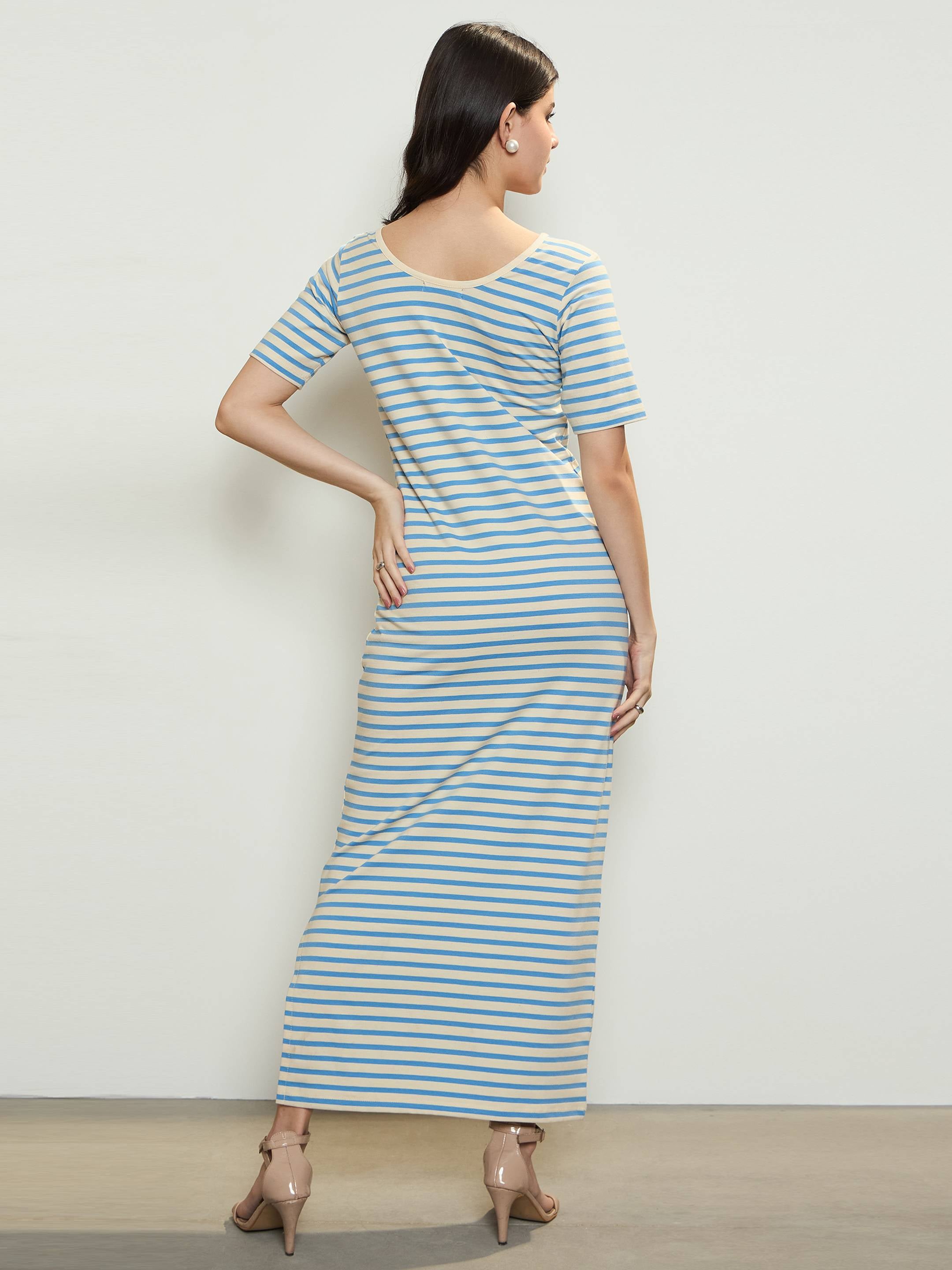 Women's Blue & Beige Stripe T-shirt Maxi Dress