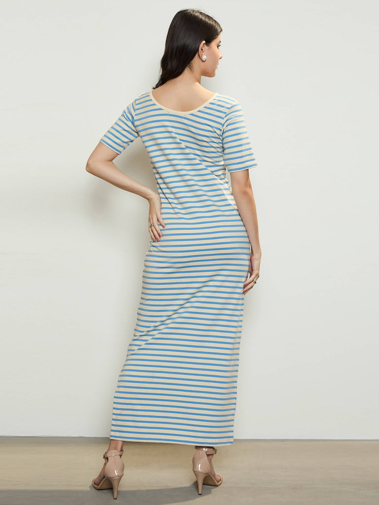 Women's Blue & Beige Stripe T-shirt Maxi Dress