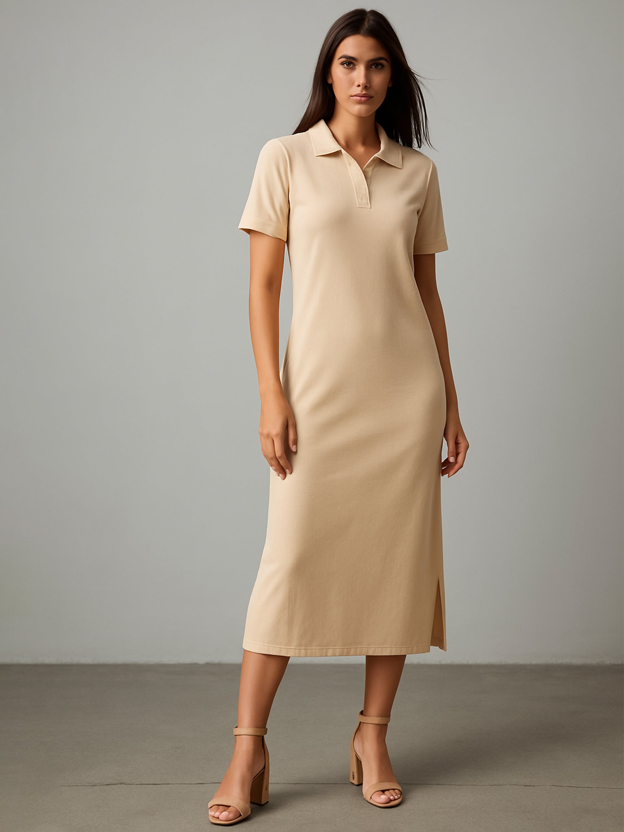 Women's Beige Polo Collar Neck T-Shirt Dress