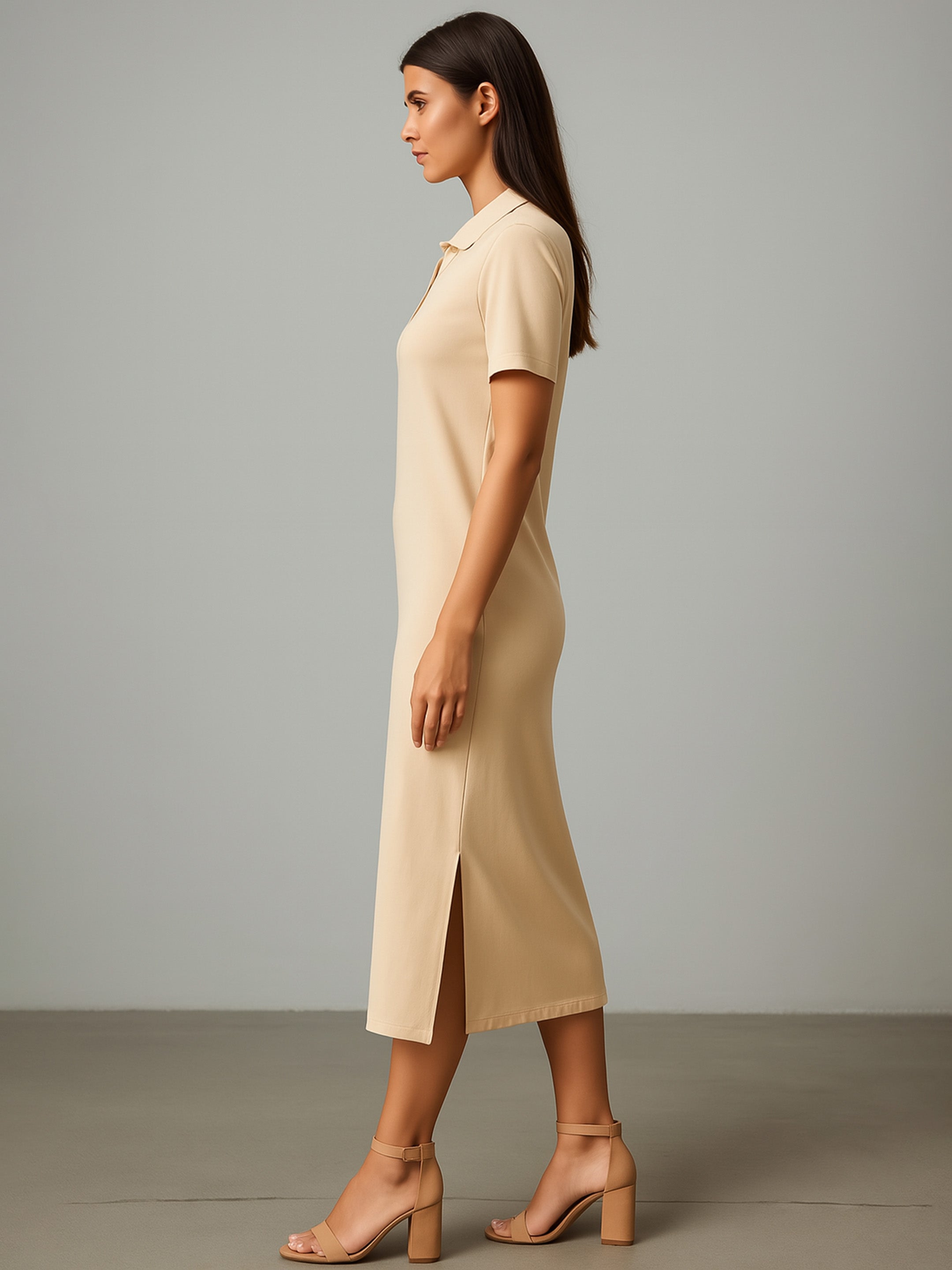 Women's Beige Polo Collar Neck T-Shirt Dress