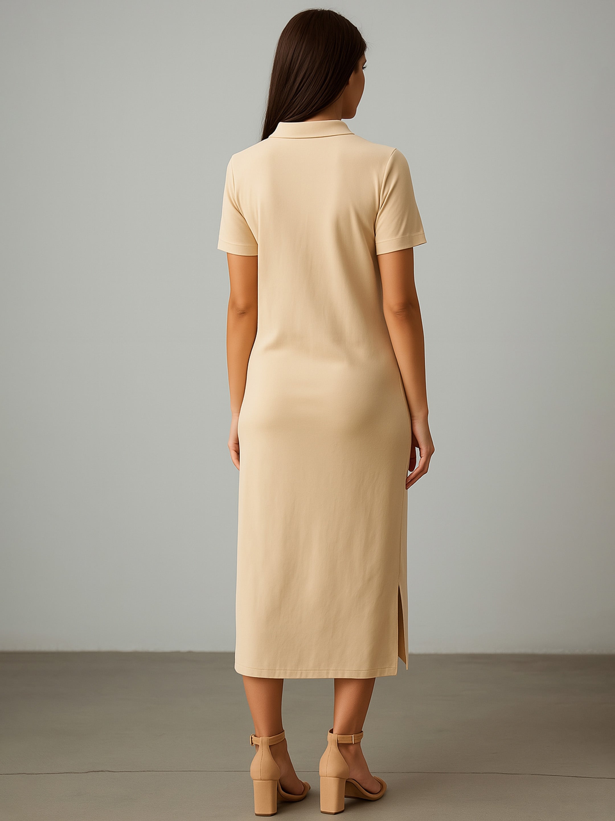 Women's Beige Polo Collar Neck T-Shirt Dress