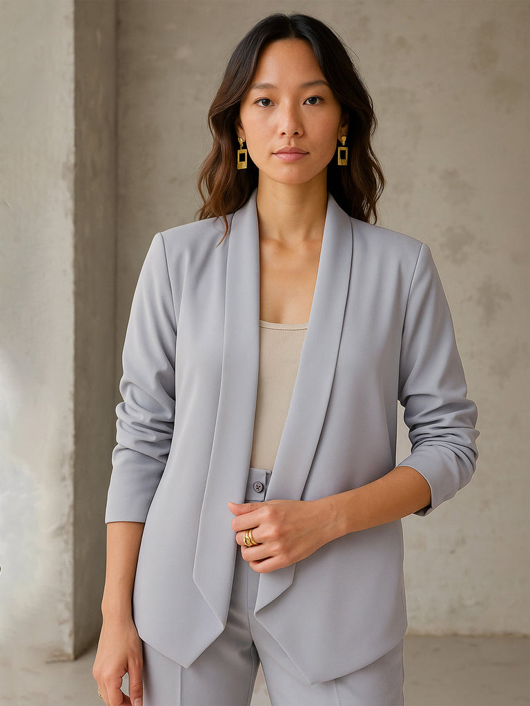 Women's Grey Lapel Collar Front Open Blazer