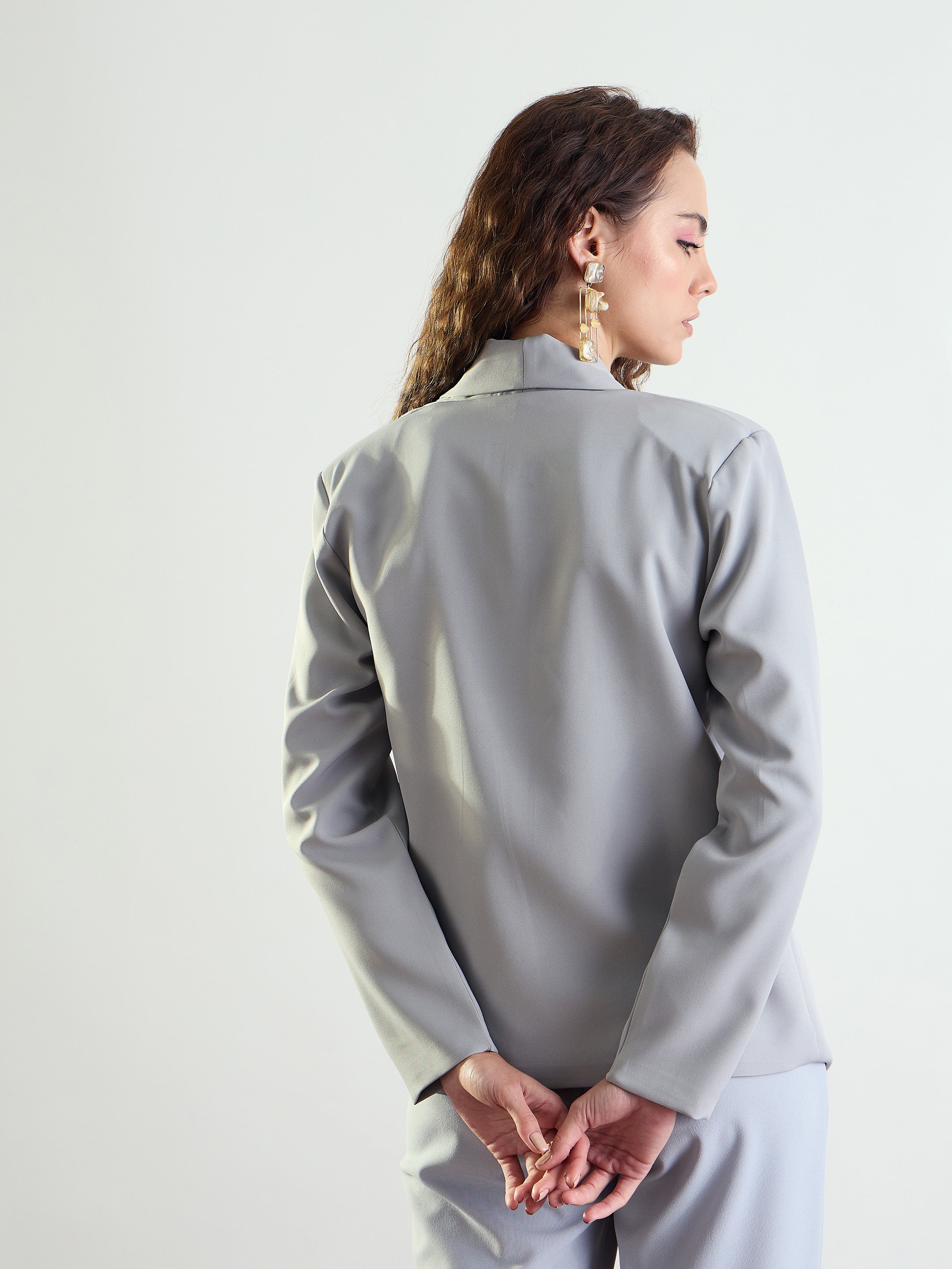 Women's Grey Lapel Collar Front Open Blazer