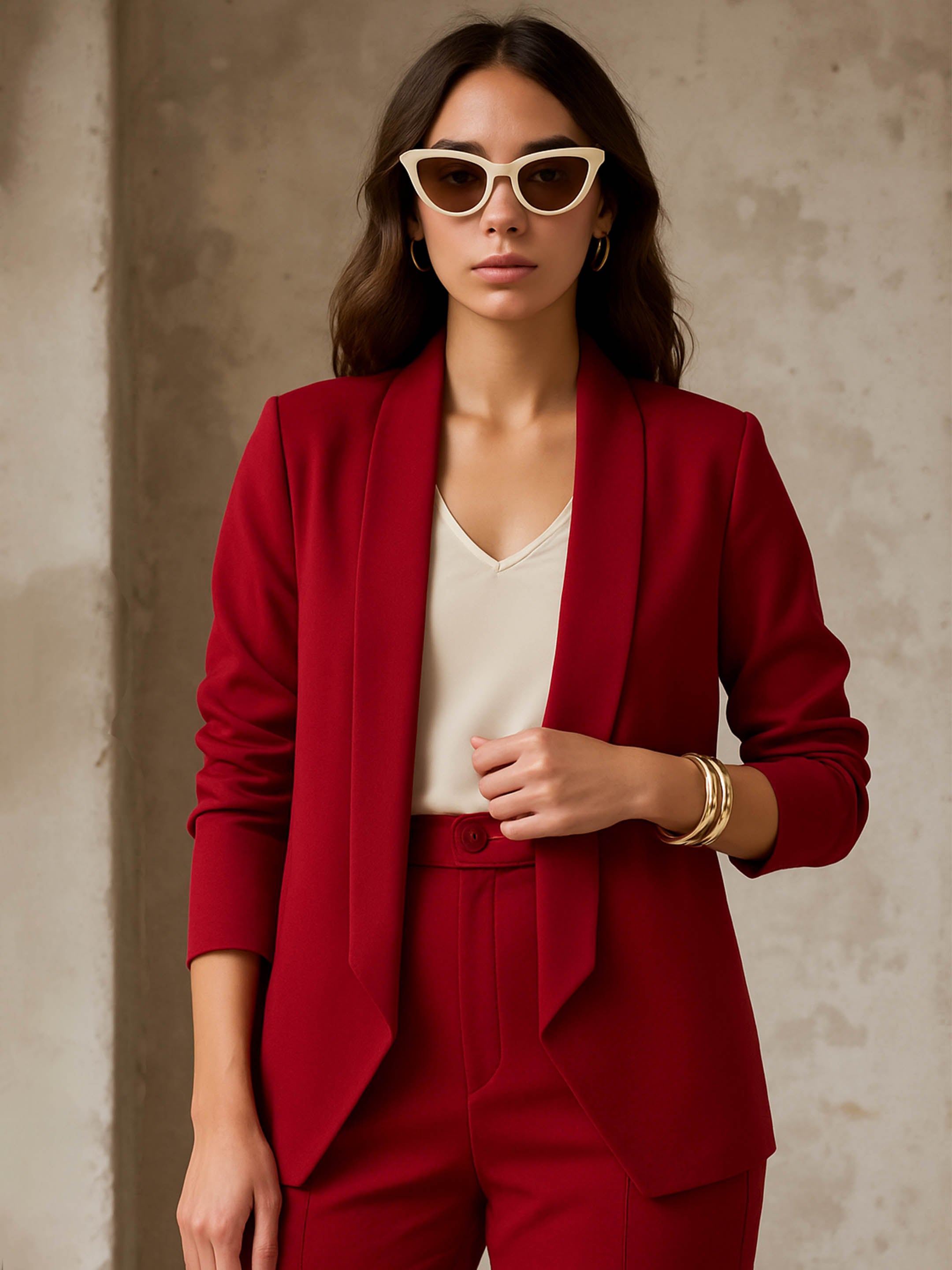 Women's Maroon Lapel Collar Front Open Blazer