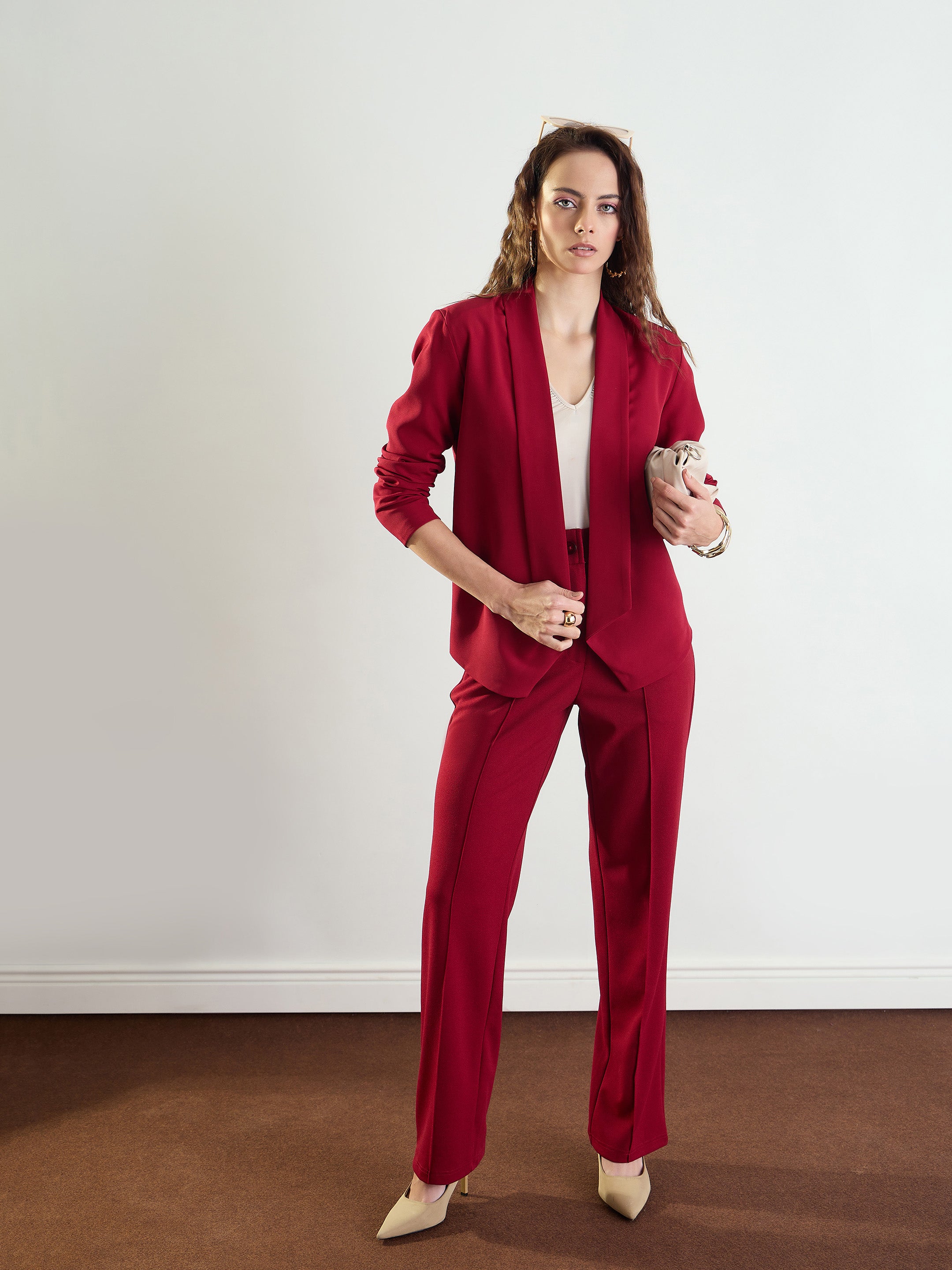 Women's Maroon Lapel Collar Front Open Blazer