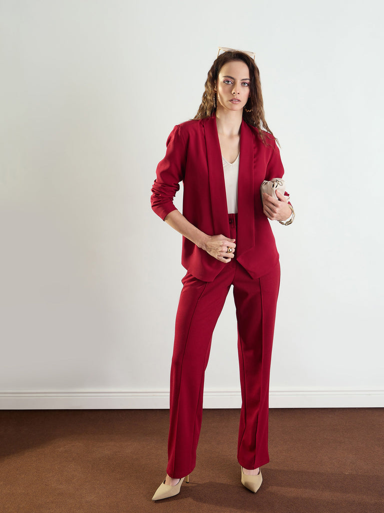 Women's Maroon Lapel Collar Front Open Blazer