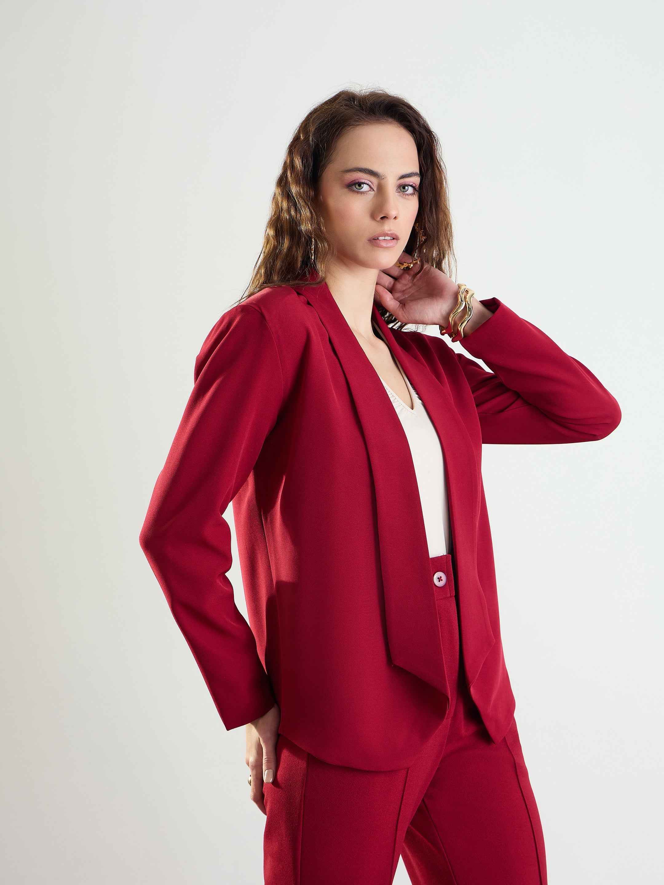 Women's Maroon Lapel Collar Front Open Blazer