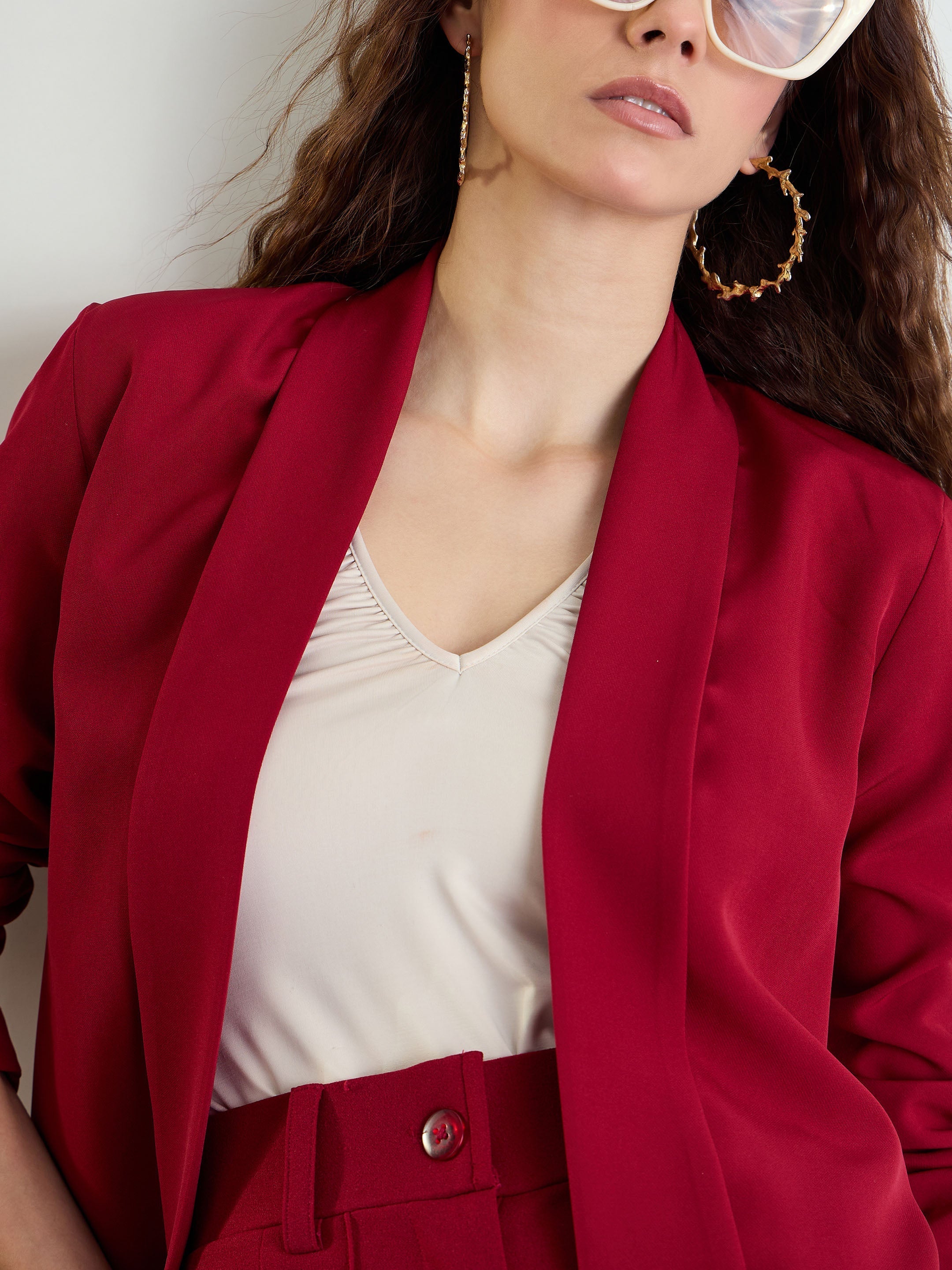 Women's Maroon Lapel Collar Front Open Blazer