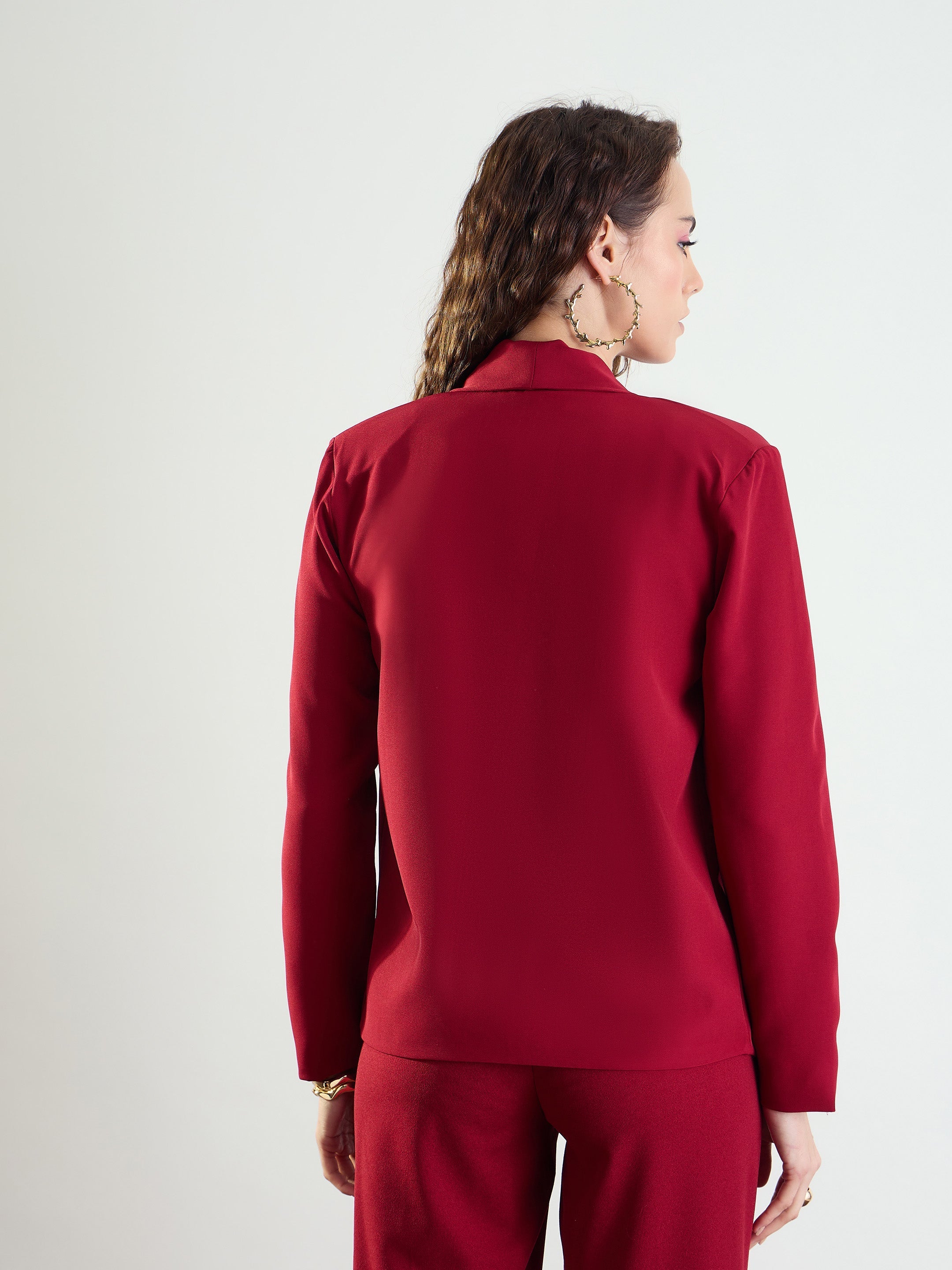 Women's Maroon Lapel Collar Front Open Blazer