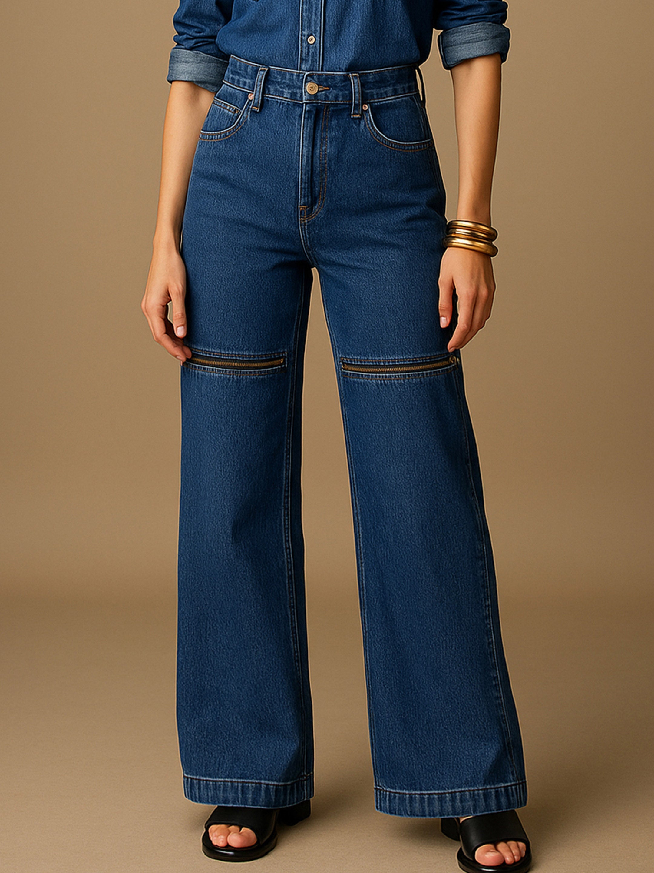 Women's Blue Zipper Design Baggy Jeans