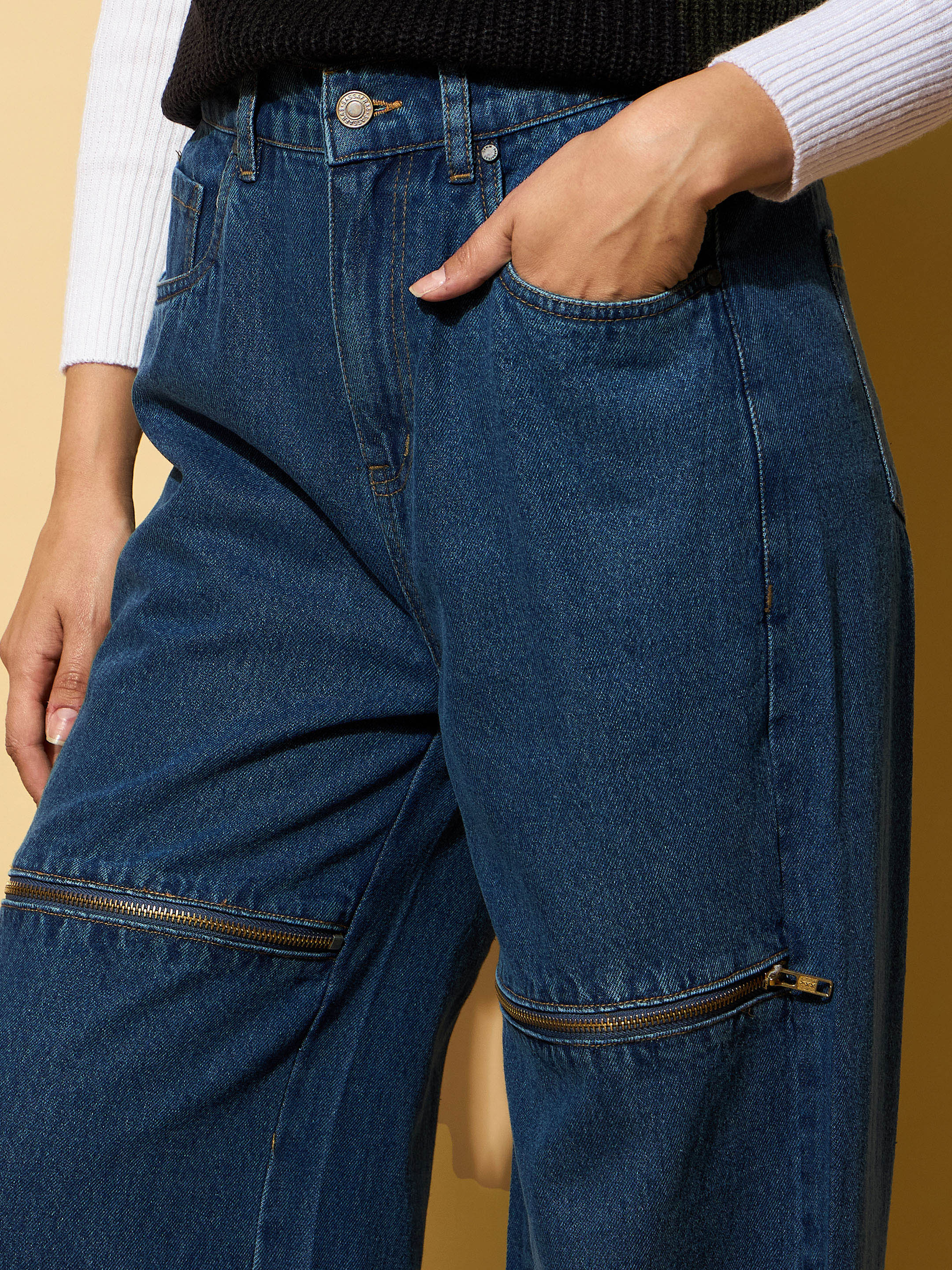Women's Blue Zipper Design Baggy Jeans