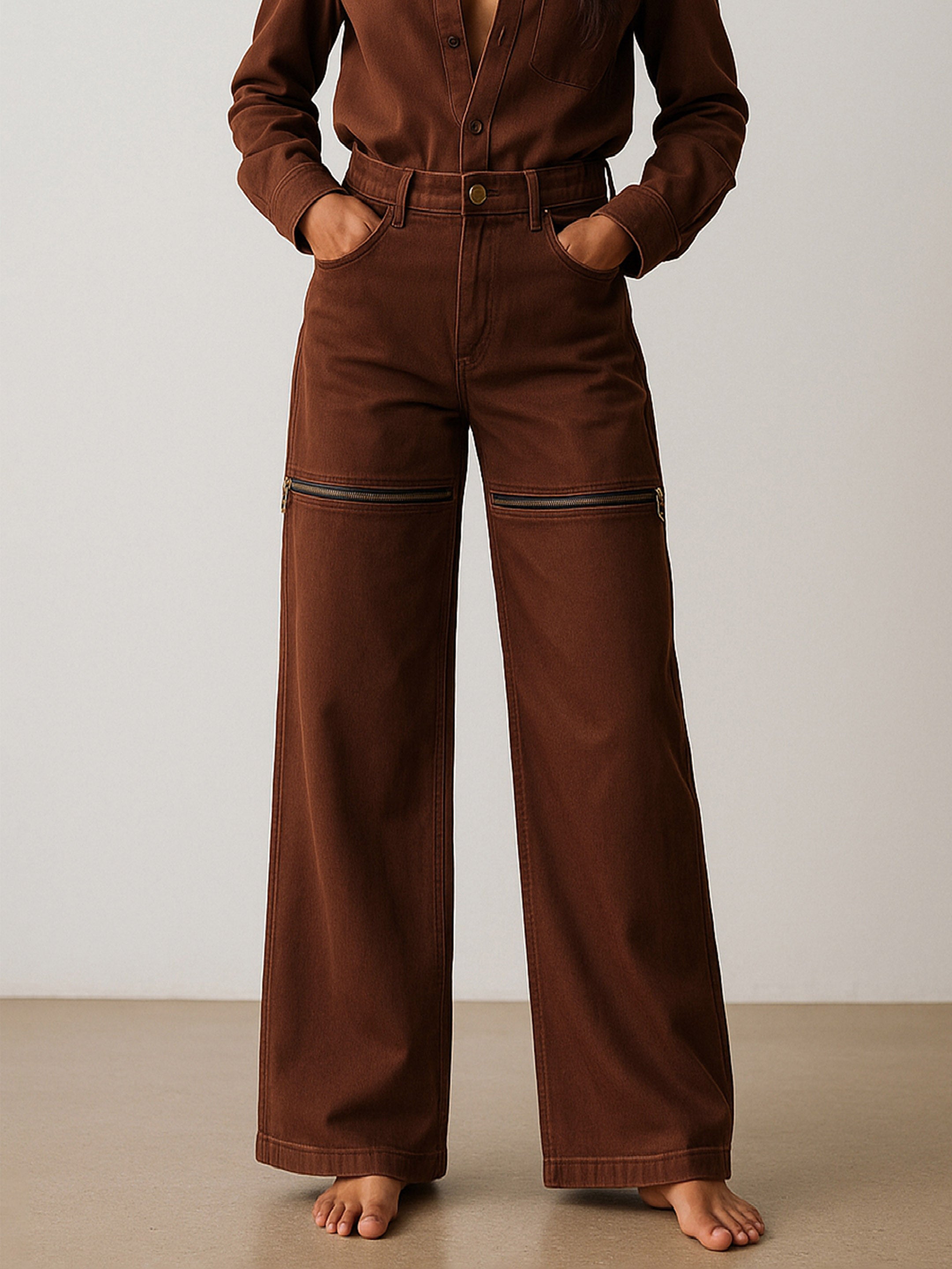 Women's Brown Zipper Design Baggy Jeans