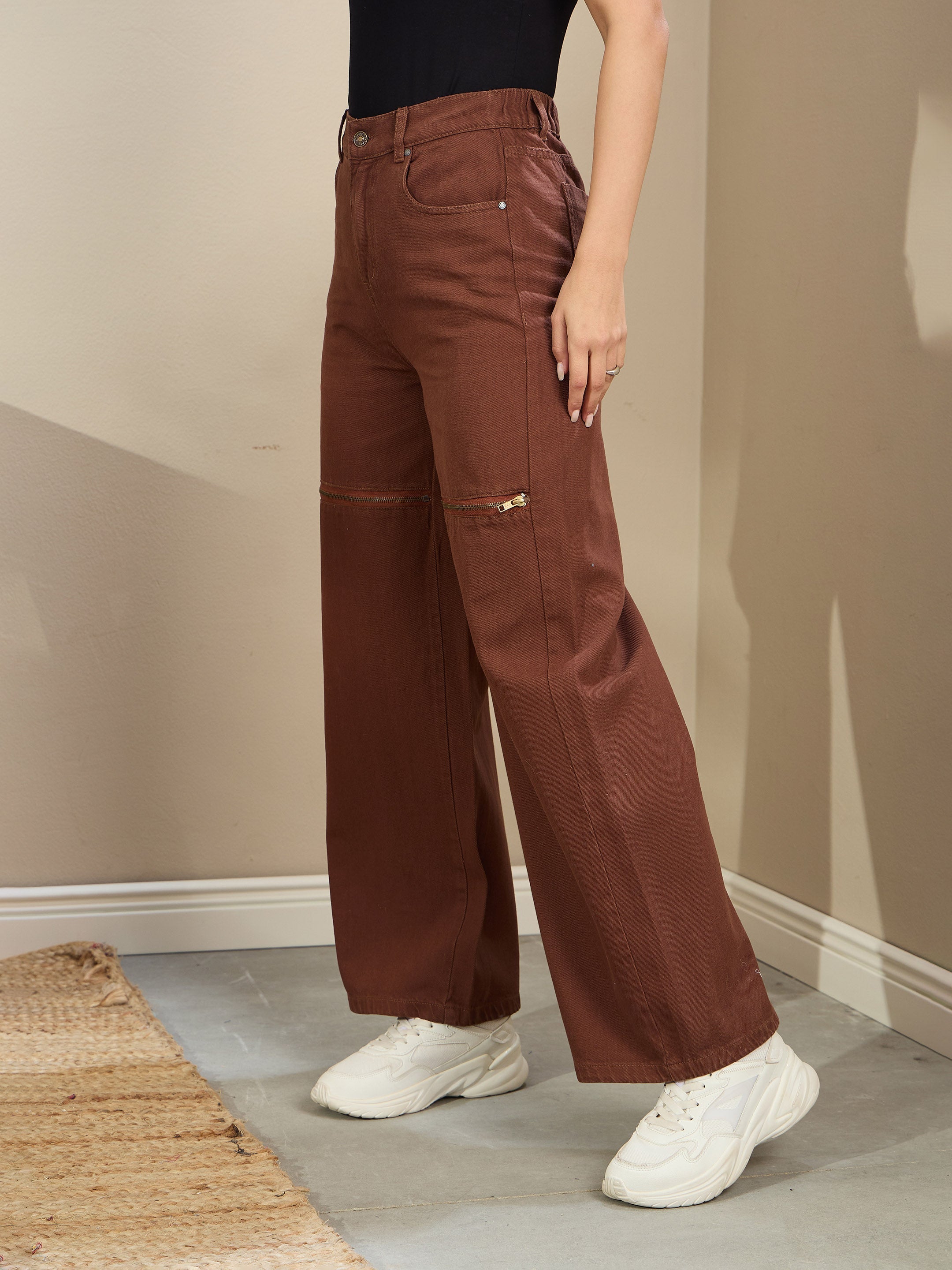 Women's Brown Zipper Design Baggy Jeans