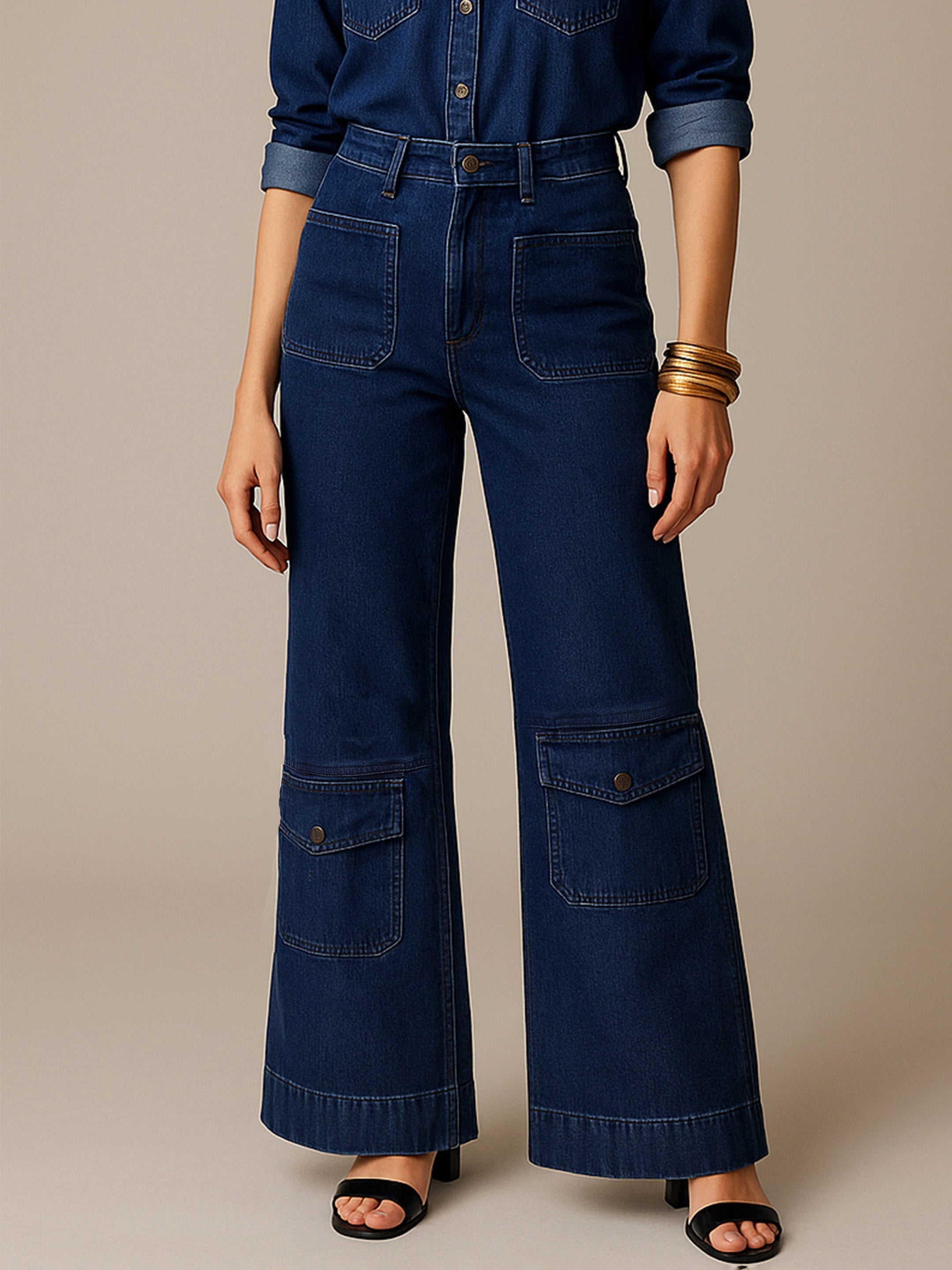 Women's Navy Blue Multi Pocket Stretch Straight Jeans