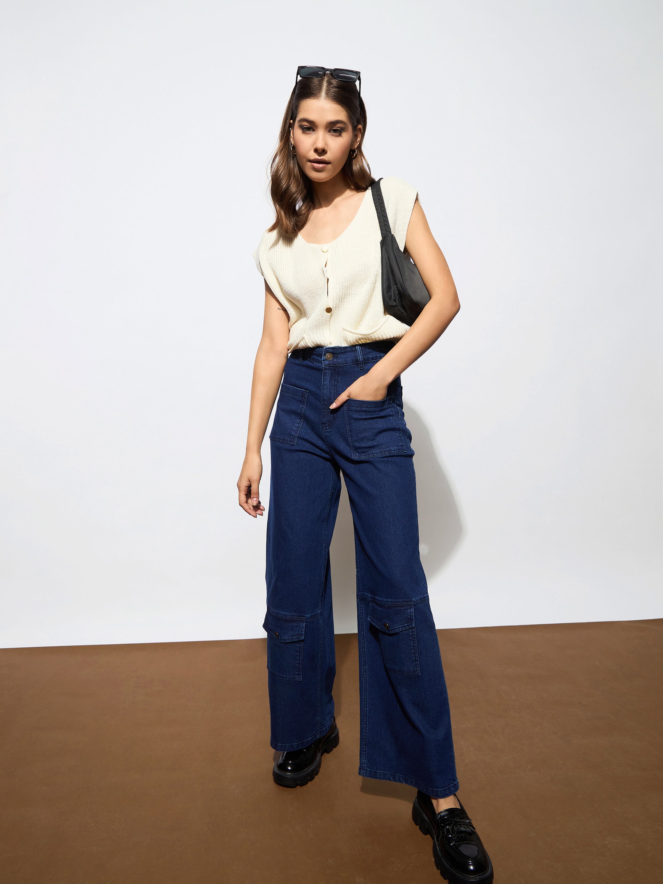 Women's Navy Blue Multi Pocket Stretch Straight Jeans